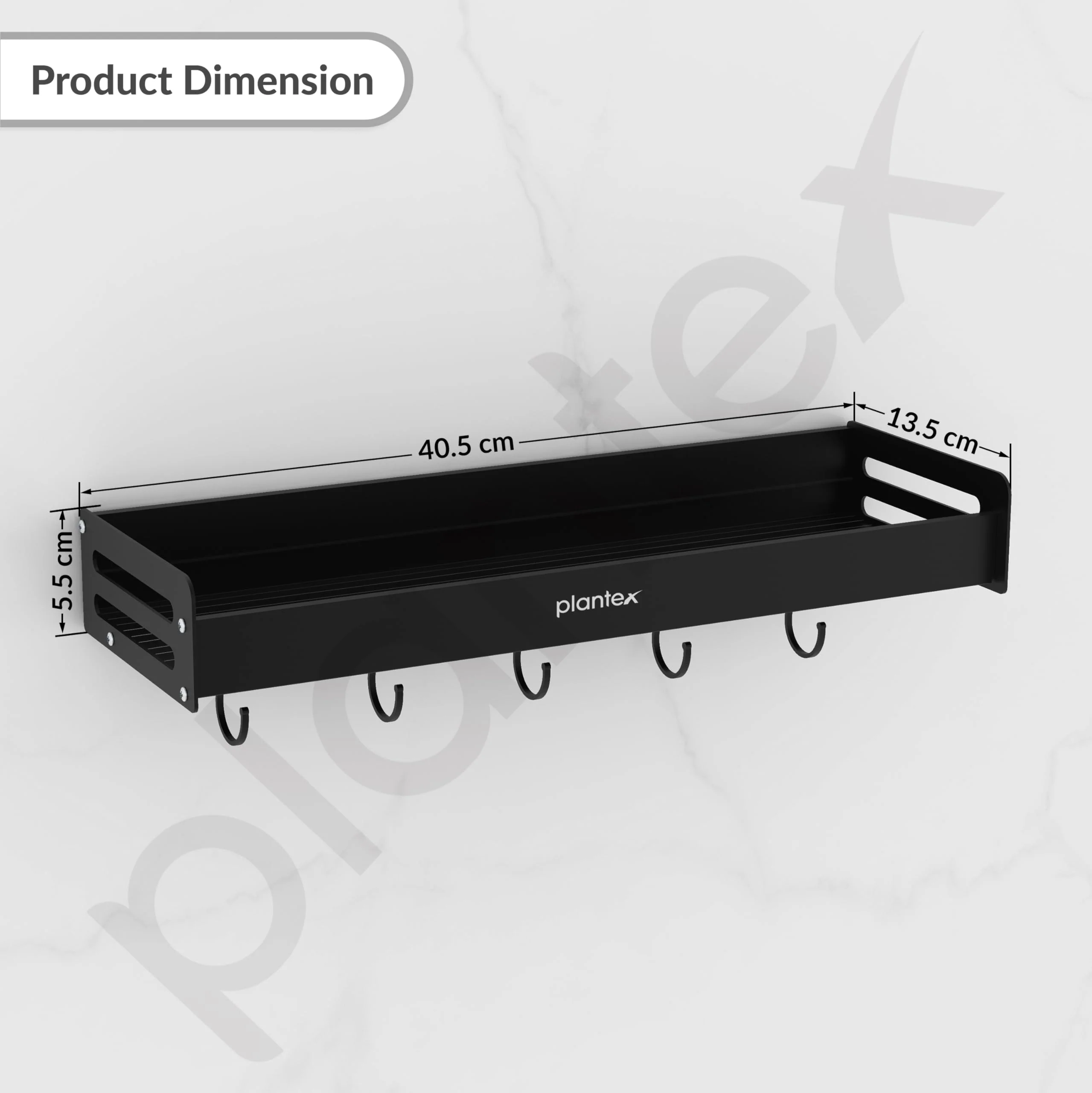 Plantex Multipurpose Aluminium Bathroom Wall Shelf/Bathroom Shelf Rack with Movable Hooks/Bathroom Accessories Set/Shelf for Bathrooms/Kitchen Organiser -(Black) - Image 3
