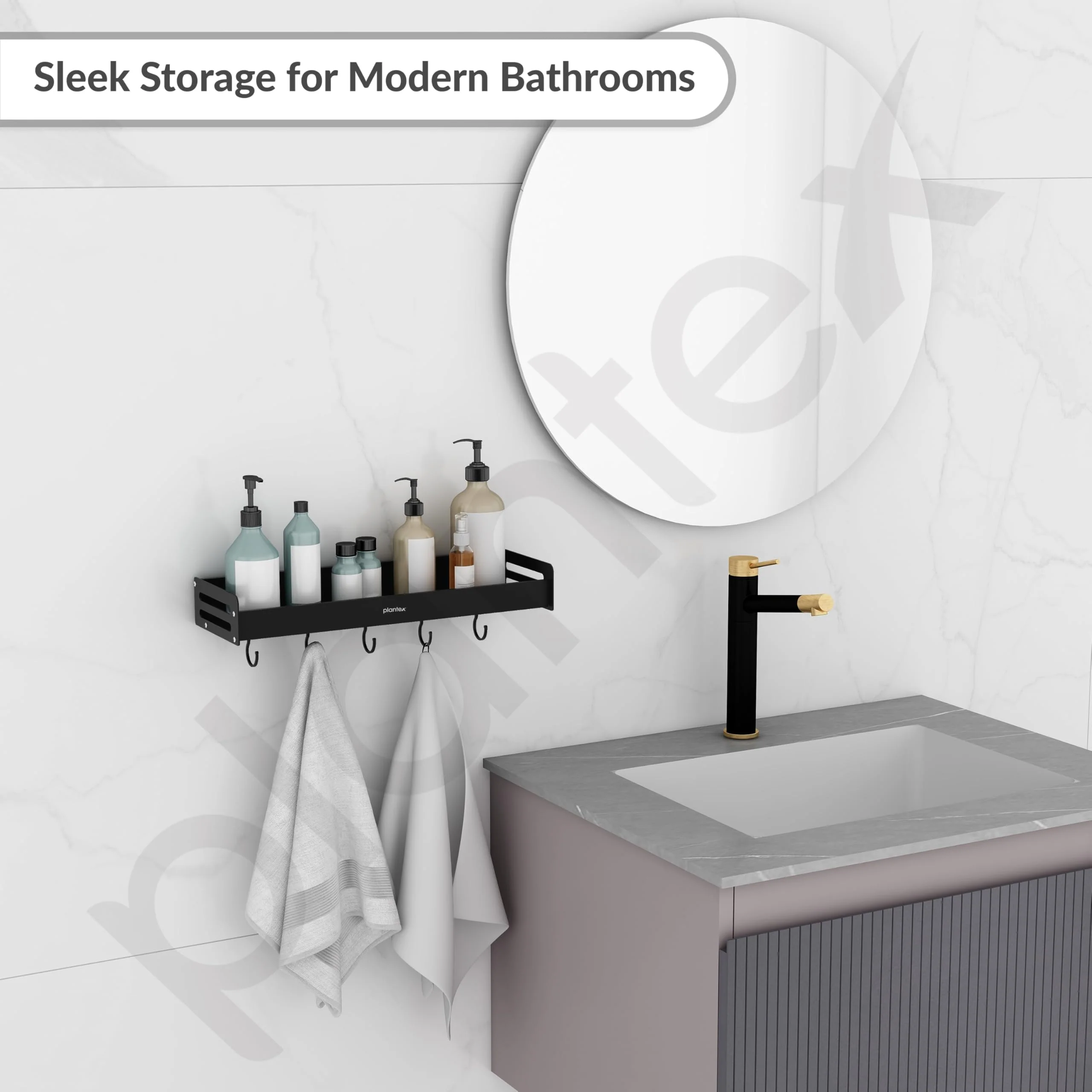 Plantex Multipurpose Aluminium Bathroom Wall Shelf/Bathroom Shelf Rack with Movable Hooks/Bathroom Accessories Set/Shelf for Bathrooms/Kitchen Organiser -(Black) - Image 4