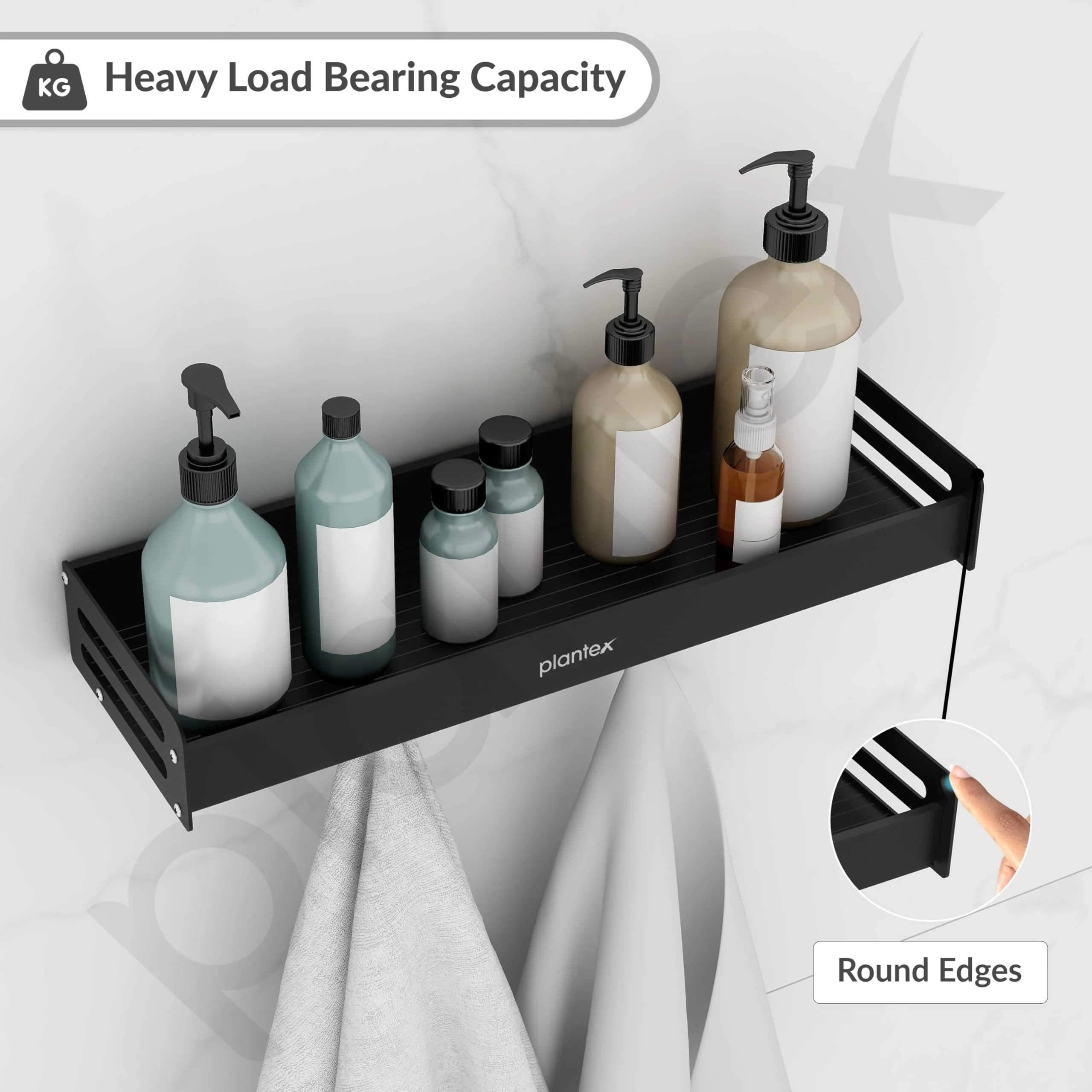 Plantex Multipurpose Aluminium Bathroom Wall Shelf/Bathroom Shelf Rack with Movable Hooks/Bathroom Accessories Set/Shelf for Bathrooms/Kitchen Organiser -(Black) - Image 5