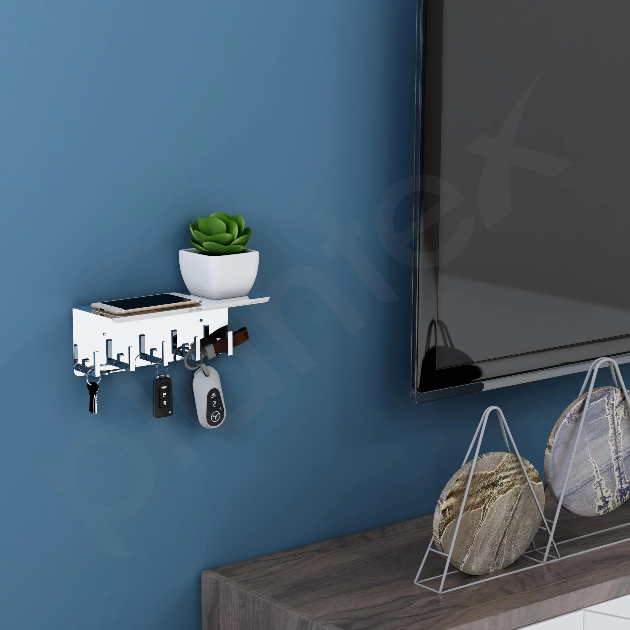 Plantex Multipurpose Stainless Steel Key Holder With Mobile Phone Stand/Storage Rack/Keys Holder For Home - Wall Mount (5 Hooks, Chrome) - Image 2