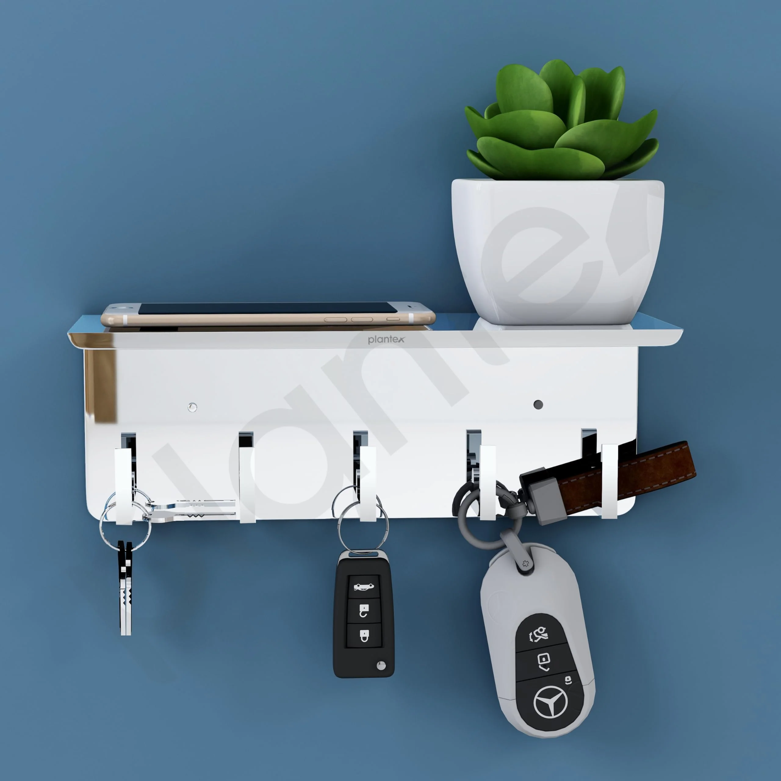 Plantex Multipurpose Stainless Steel Key Holder With Mobile Phone Stand/Storage Rack/Keys Holder For Home - Wall Mount (5 Hooks, Chrome) - Image 5