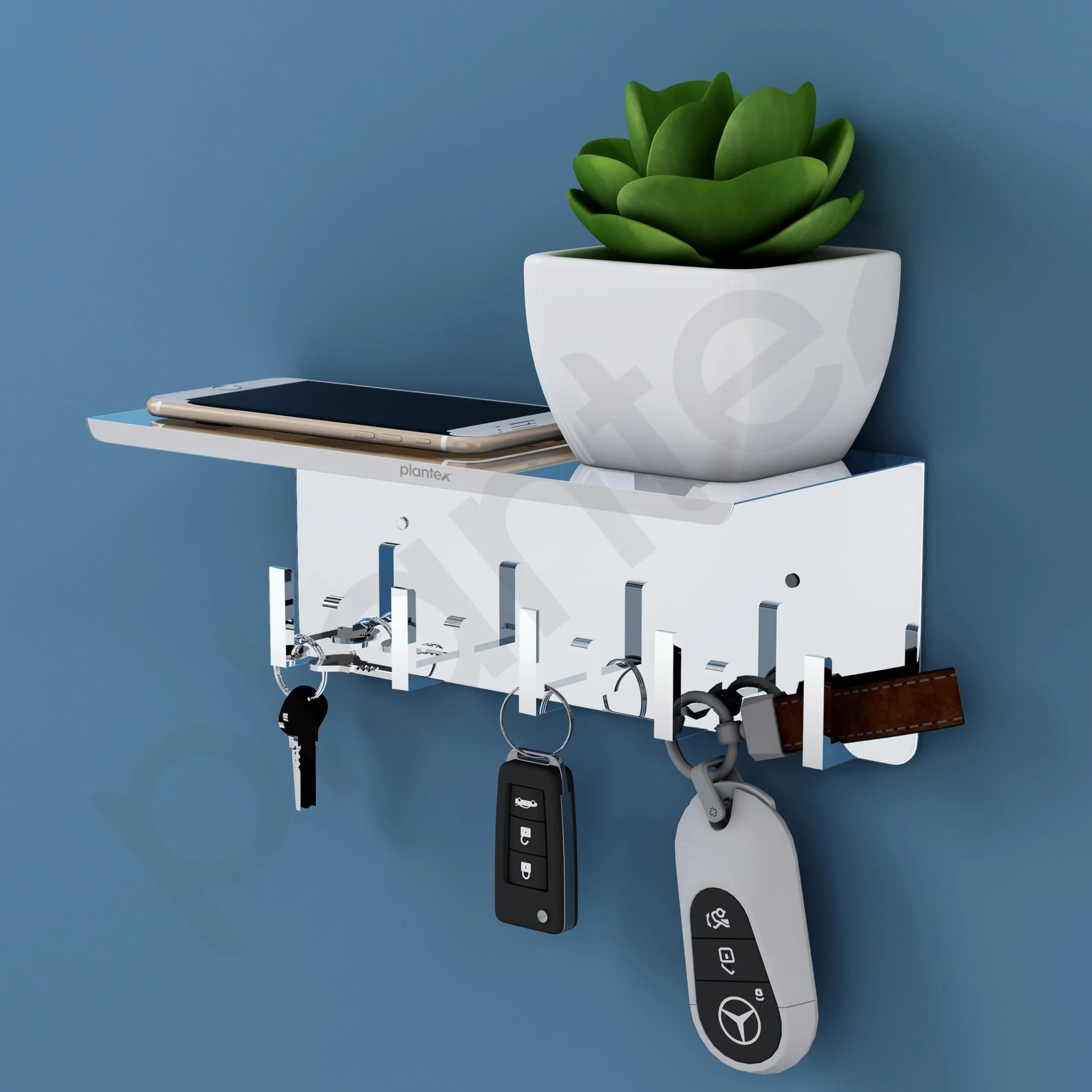 Plantex Multipurpose Stainless Steel Key Holder With Mobile Phone Stand/Storage Rack/Keys Holder For Home - Wall Mount (5 Hooks, Chrome) - Image 7