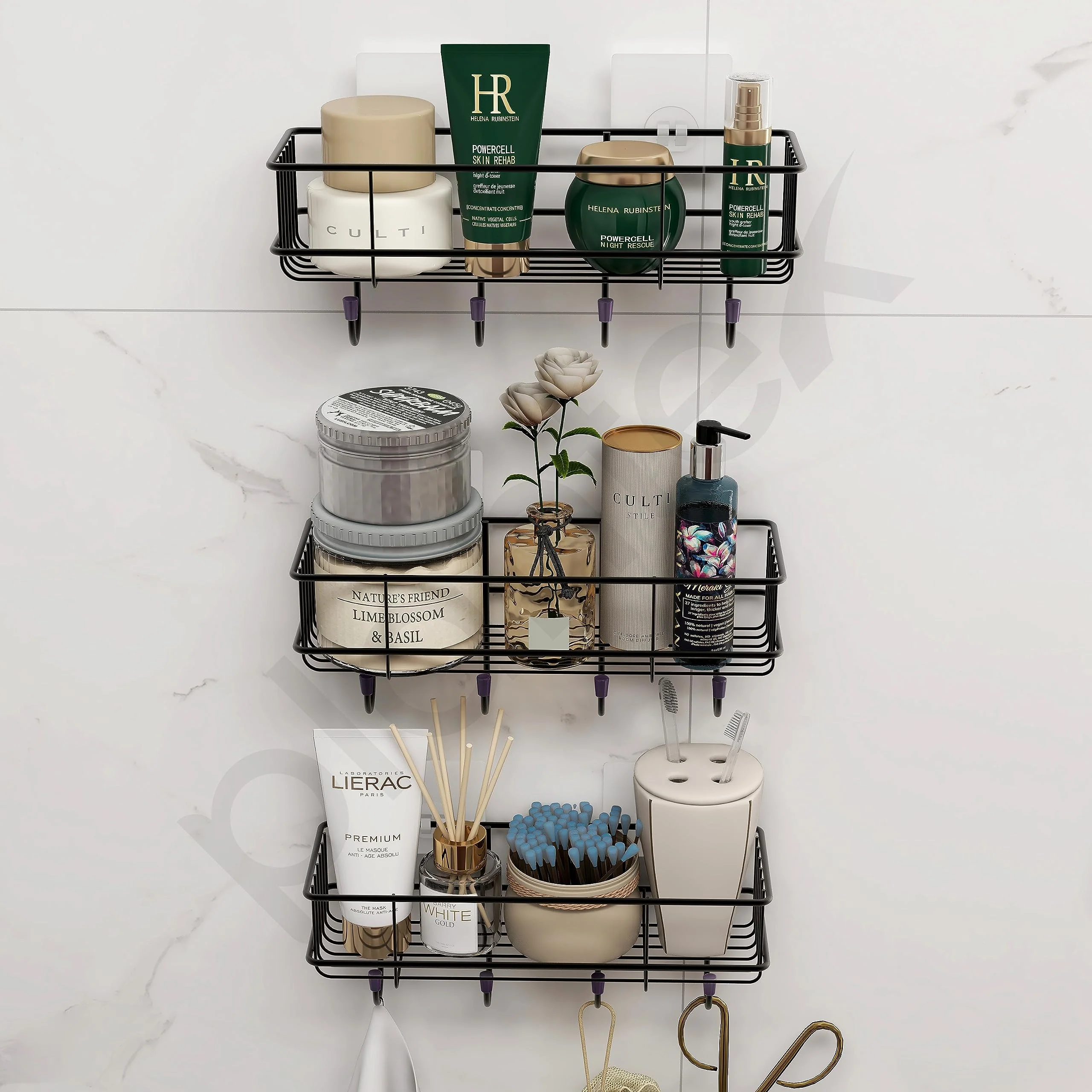 Plantex No Drill Bathroom Organiser/Bathroom Shelf with Hooks/Self Adhesive Shelf for Wall/Towel Holder-GI Steel - Pack of 3 (Black,Powder Coated) - Image 2