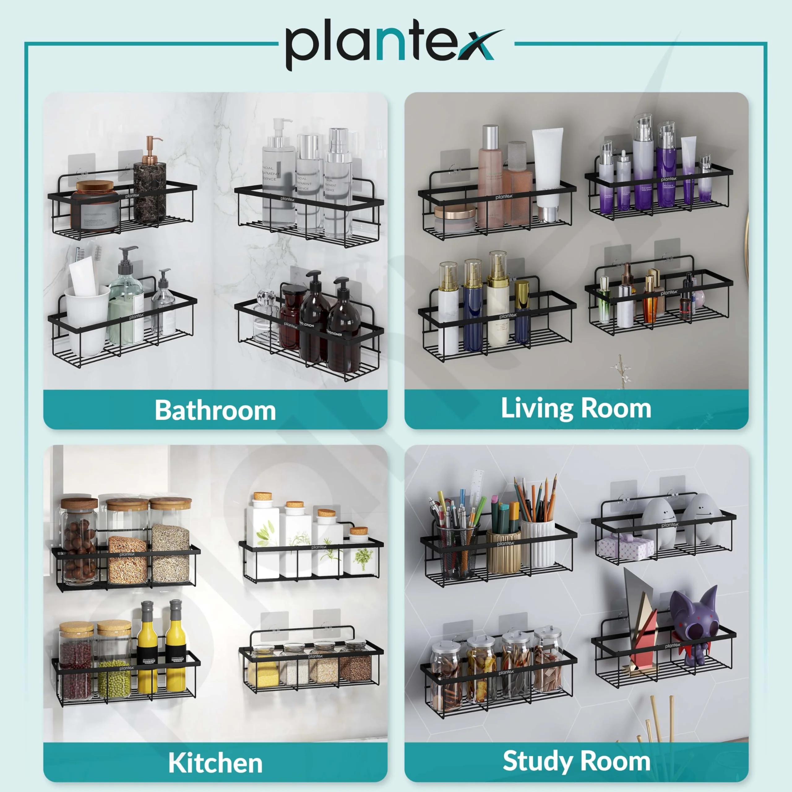 Plantex No Drill Bathroom Organiser/GI Steel Self Adhesive Shelf/Kitchen Shelf with Magic Sticker/Bathroom Accessories Set - Black, Powder Coated (Pack of 4) - Image 6