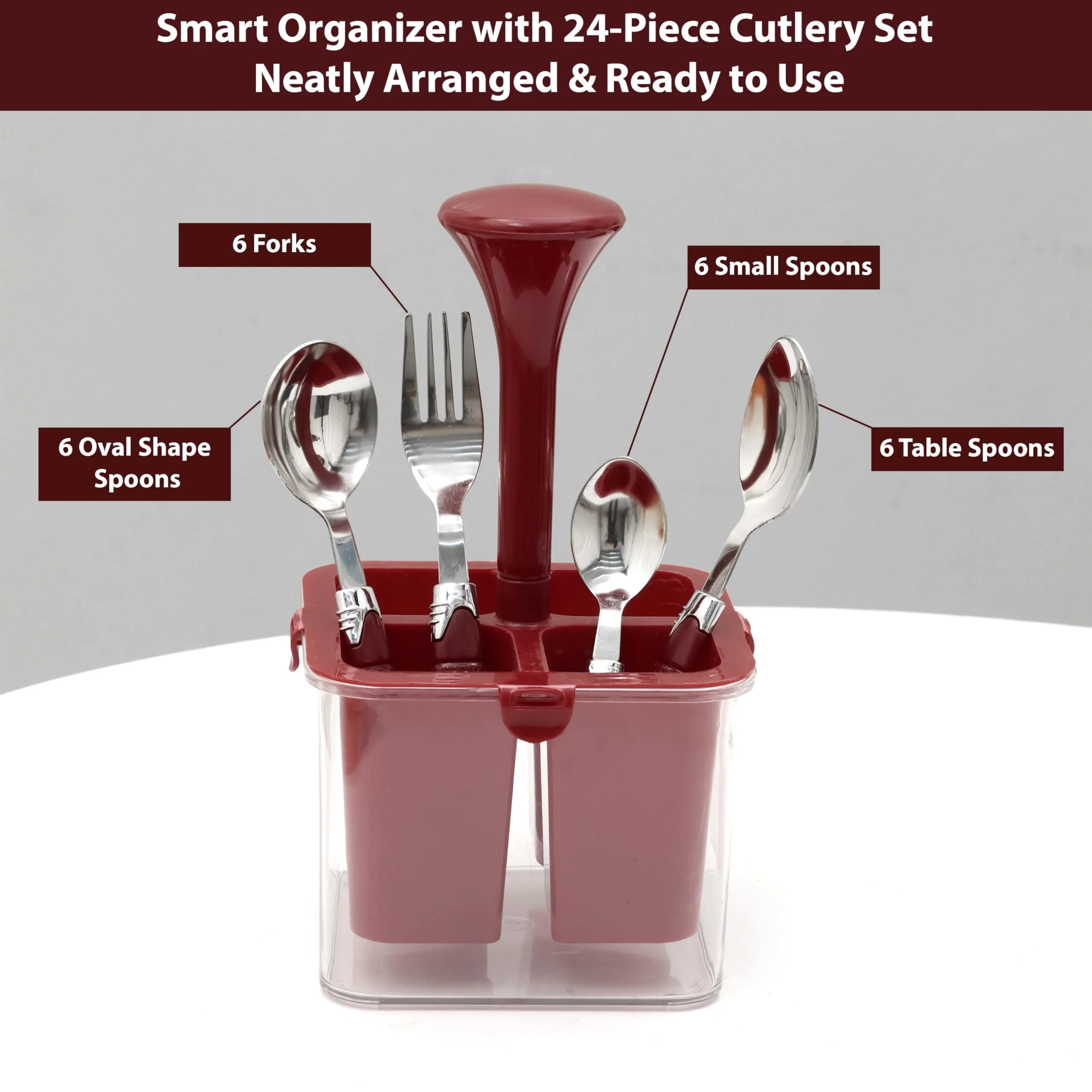 Plantex Oppo Cutlery Set with Storage Box/Spoon Set/Spoon Stand for Kitchen and Dining (24 Pieces - Brown) - Image 3
