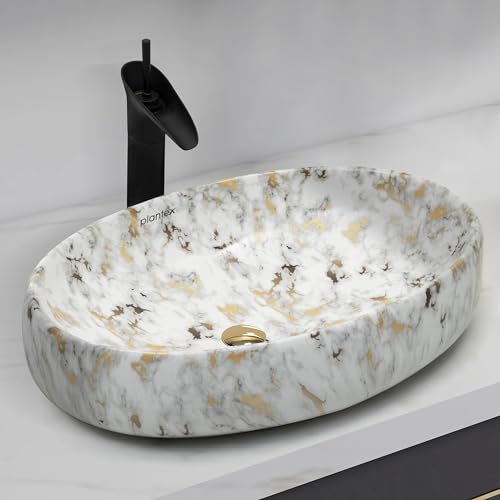 Plantex Oval Ceramic Wash Basin/Basin for Bathroom/Table Top Washbasin/Counter Top Vessel Sink (Marble Finish, 23 x 15 x 5.5 Inch)
