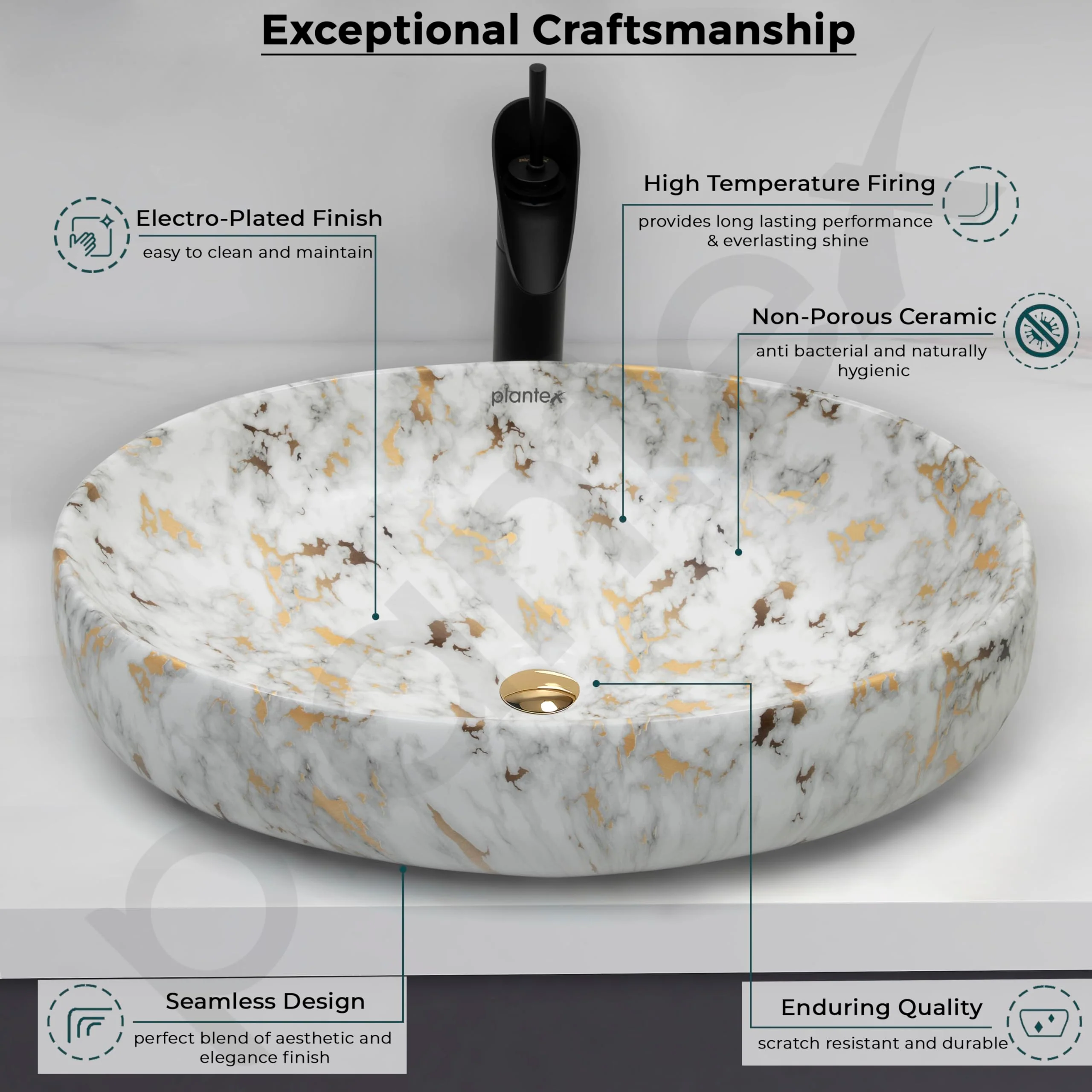 Plantex Oval Ceramic Wash Basin/Basin for Bathroom/Table Top Washbasin/Counter Top Vessel Sink (Marble Finish, 23 x 15 x 5.5 Inch) - Image 3