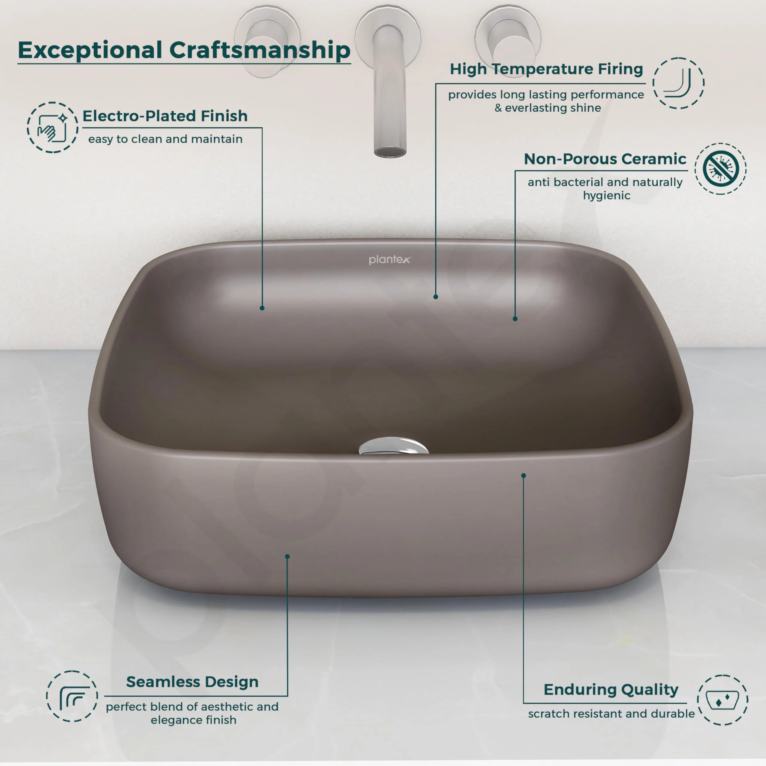 Plantex Platinum Ceramic Tabletop Square Wash Basin/Countertop Bathroom Sink (Choco, 16 x 16 x 5 Inch) - Image 3