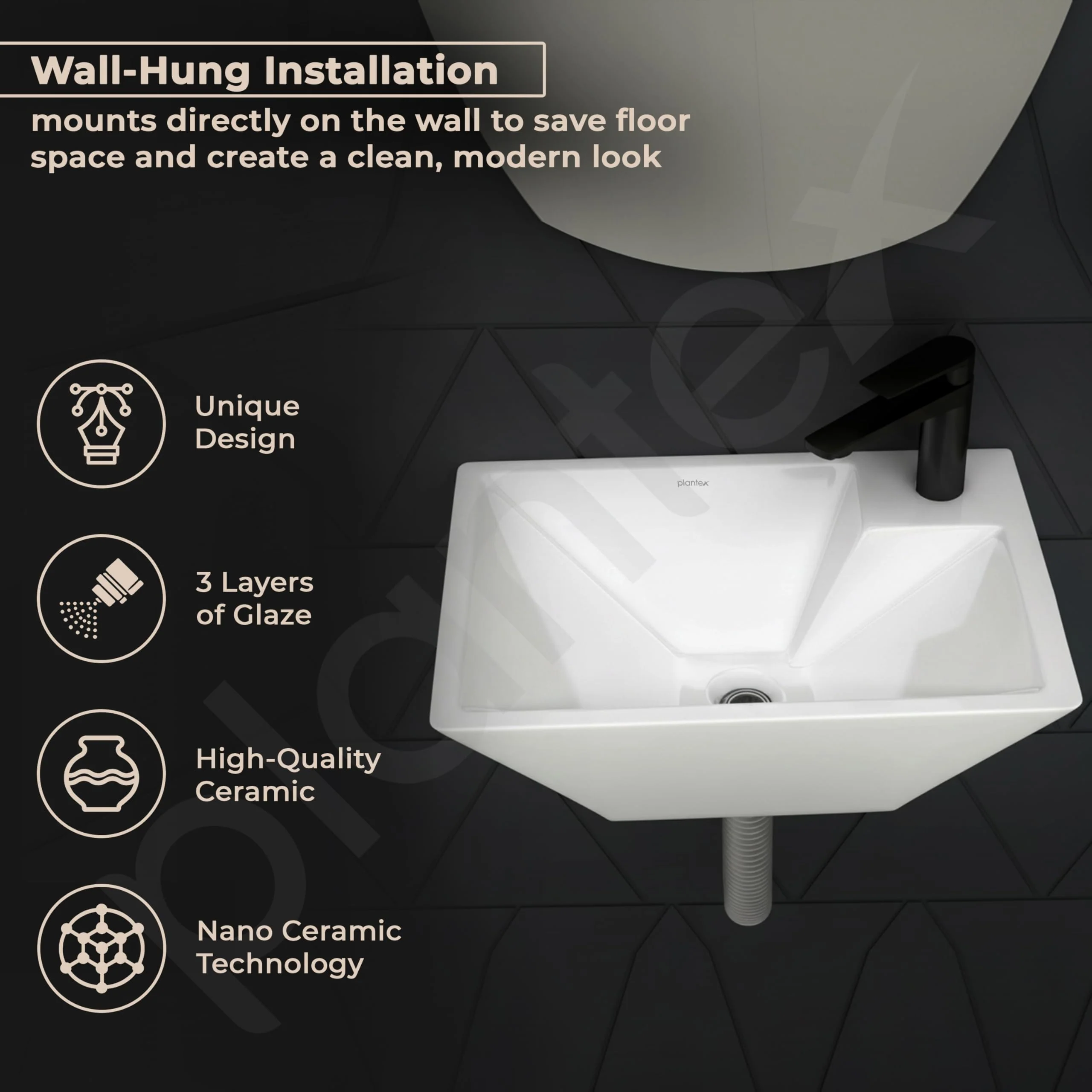 Plantex Platinum Ceramic Wall Mounted Basin/Corner Basin/Wash Basin for Bathroom/Wall Hung Washbasin/Sink for Restaurant, Hotel/10 Years Glaze Warranty by Plantex (Candy -15 x 11 x 5 Inch) - Image 2
