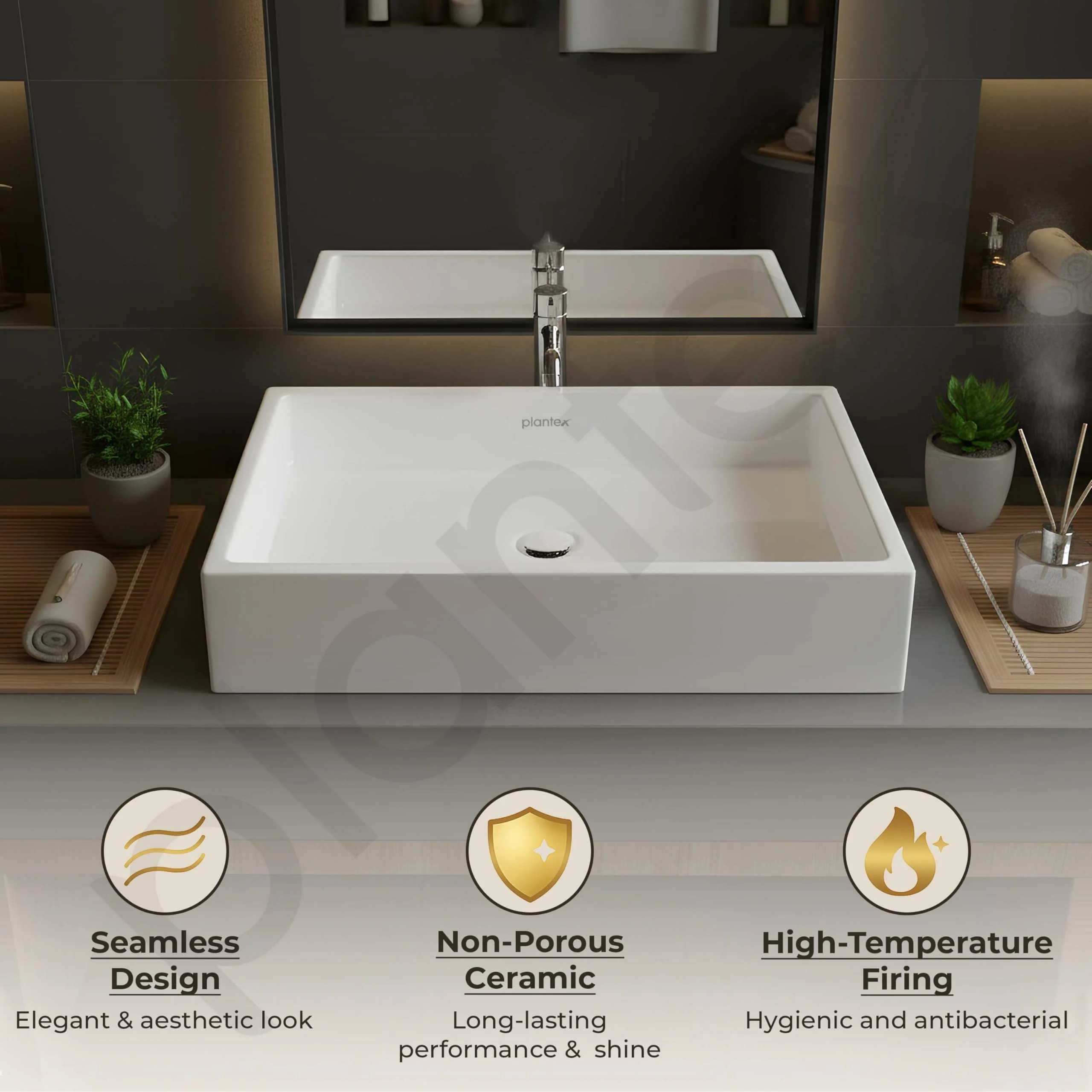 Plantex Platinum Ceramic WashBasin/Tabletop Wash Basin/Basin for Bathroom/Bathroom Wash Basin with 10 Years Glaze Warranty by Plantex/ (White, Rectangle, 24.5 x 16.5 x 5 Inch) - Image 5