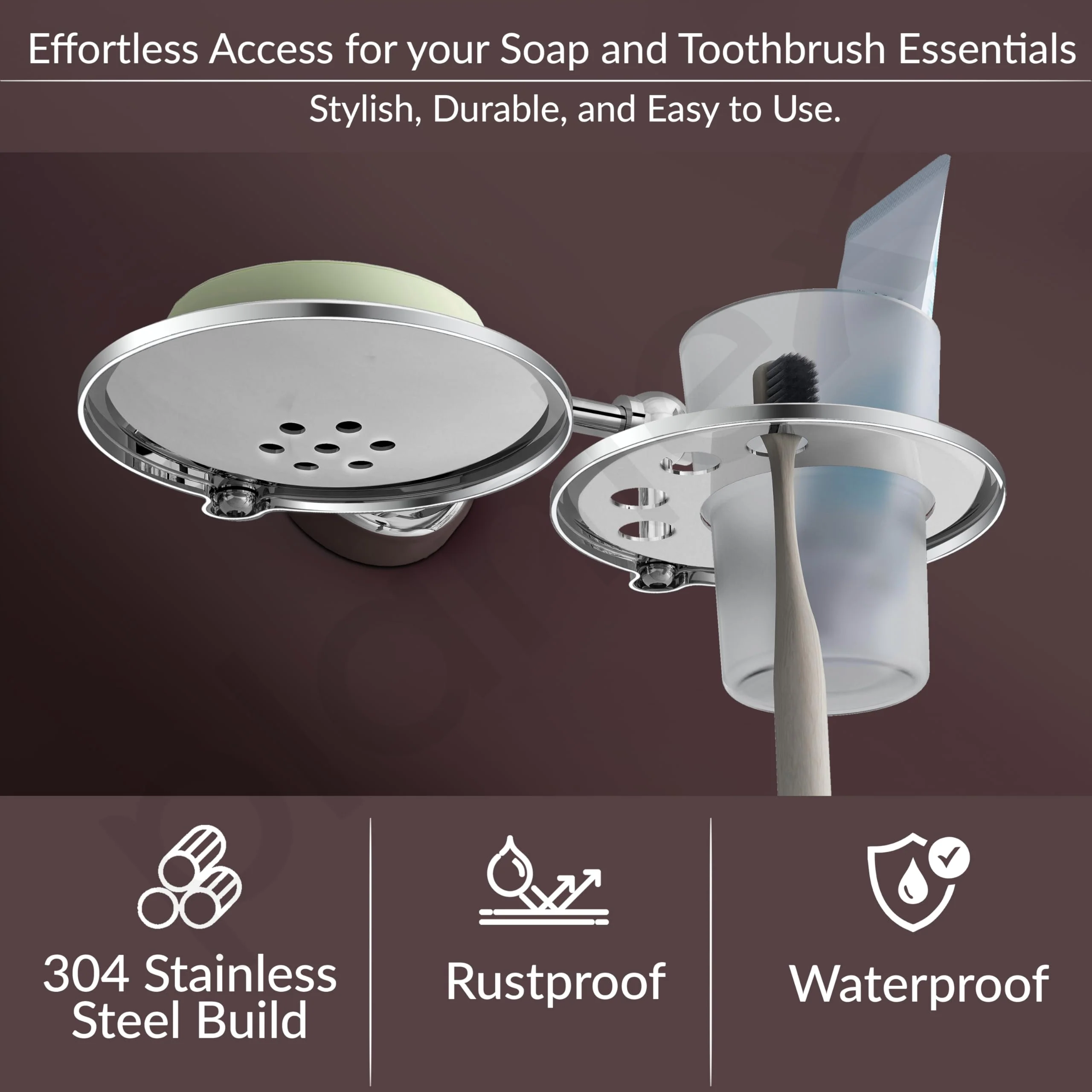 Plantex Platinum Stainless Steel 304 Grade Skyllo 2in1 Soap Dish with Tumbler Holder/Soap Stand/Tooth Brush Holder/Bathroom Accessories(Chrome) - Pack of 1 - Image 3