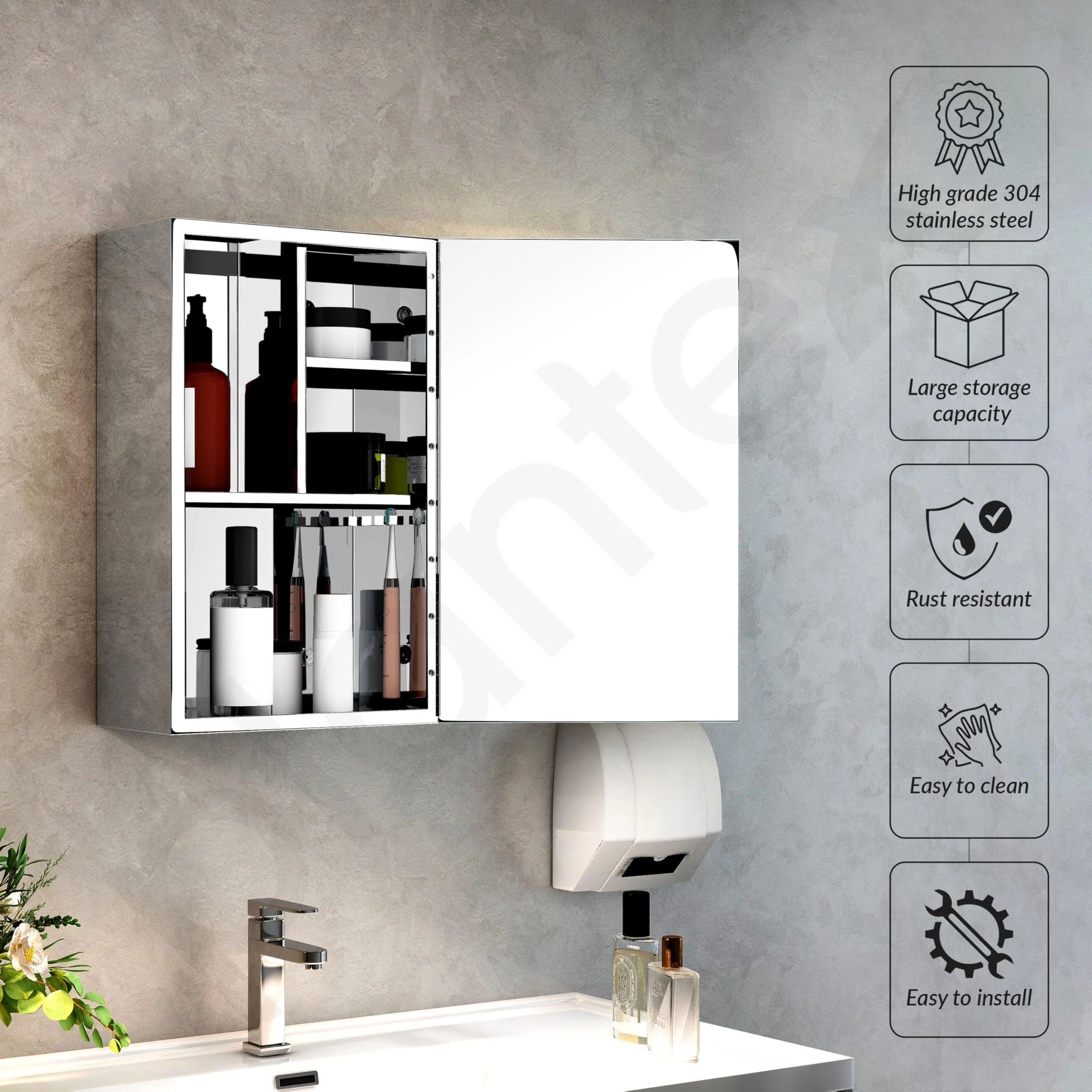 Plantex Premium Bathroom Cabinet with Mirror/ 304 Stainless Steel Bathroom Organiser with Mirror/Bathroom Shelf for Wall with Mirror (10x16 Inch-Chrome) - Image 2