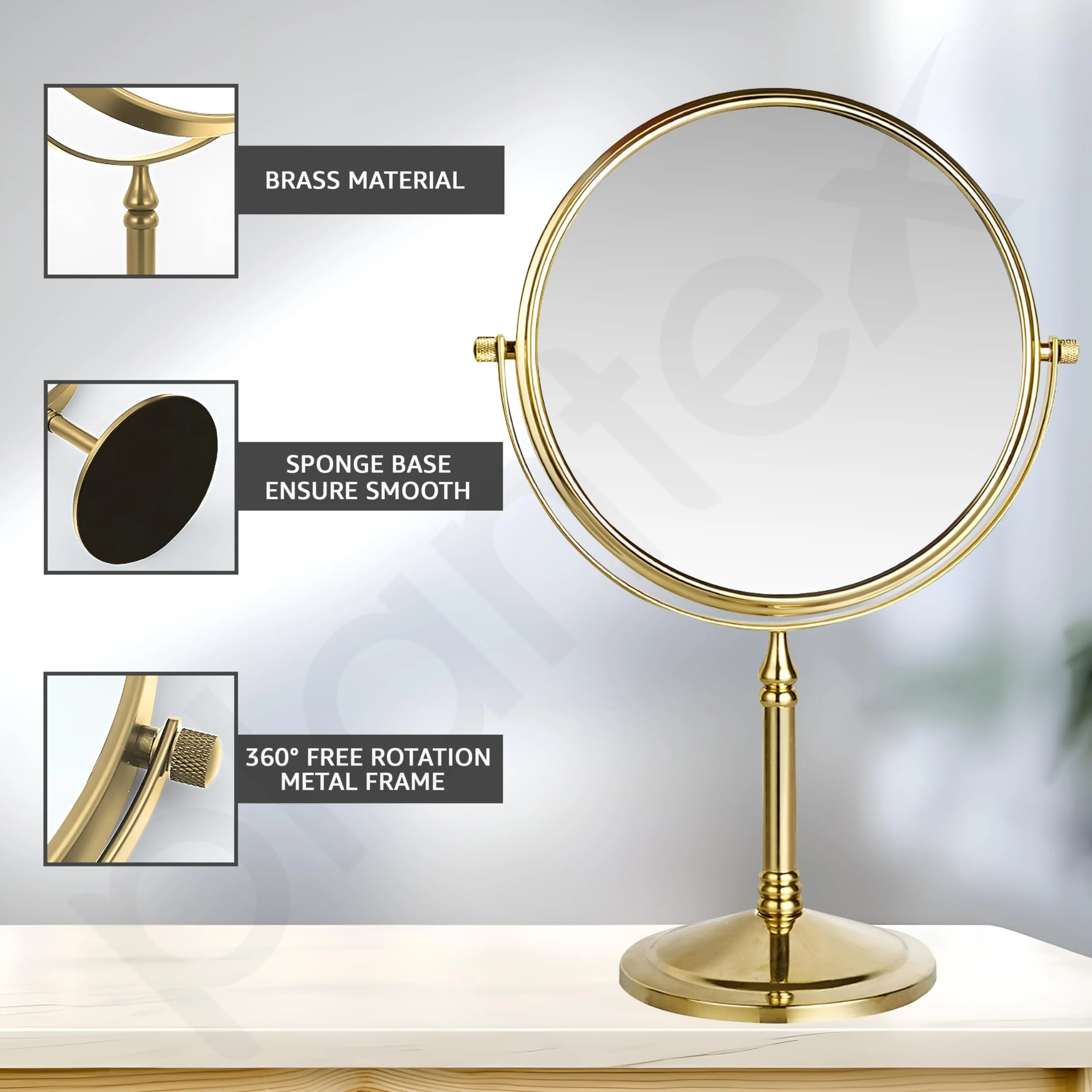 Plantex Premium Brass Magnifying Mirror/Two-Sided 360° Swivel Makeup Mirror with 5x/1x Magnification/Table Mirror (8 Inch-Golden/Tabletop) - Image 4