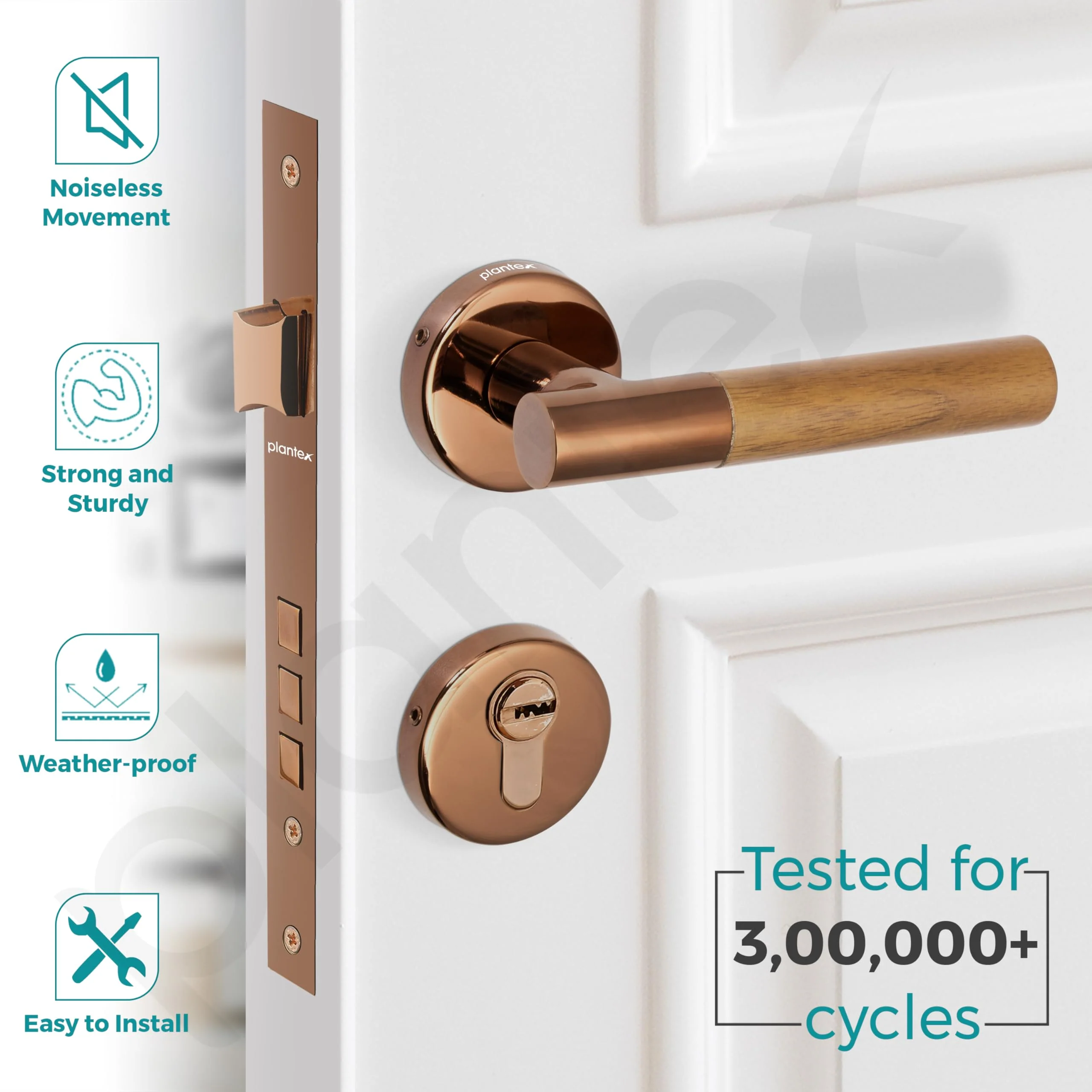 Plantex Premium Door Lock with 3 Years of Warranty - Main Door Lock Set (PVD Rose Gold & Wood Finish) - Image 2