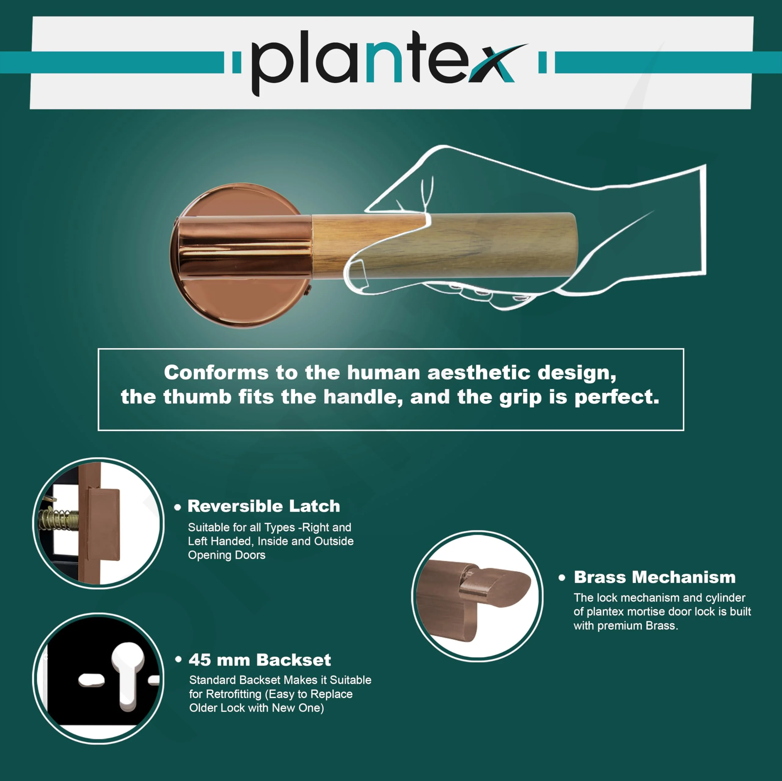 Plantex Premium Door Lock with 3 Years of Warranty - Main Door Lock Set (PVD Rose Gold & Wood Finish) - Image 5