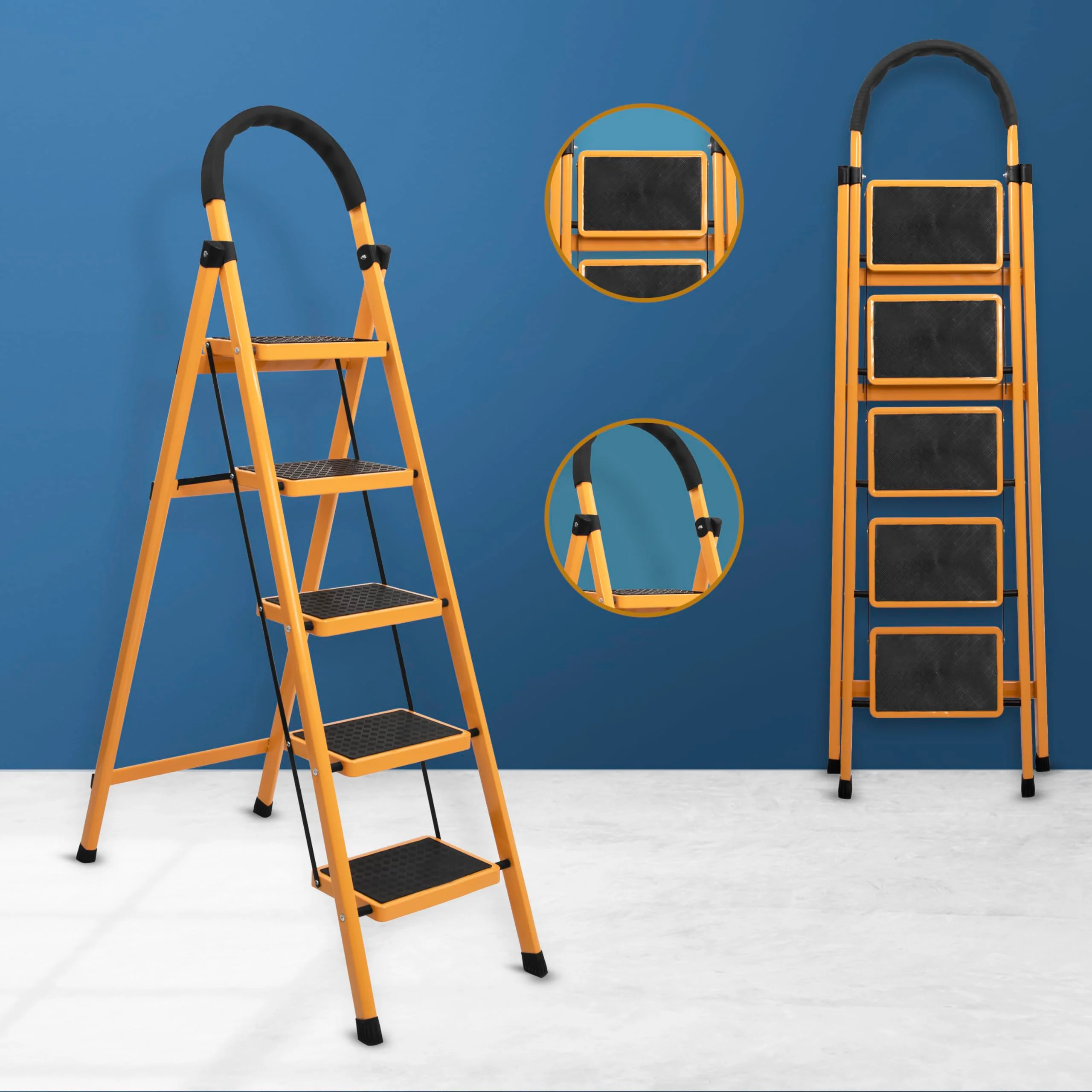 Plantex Premium GI Steel Foldable 5-Step Ladder for Home - Wide Anti Slip 5 Step Ladder (Yellow & Black) - Image 2