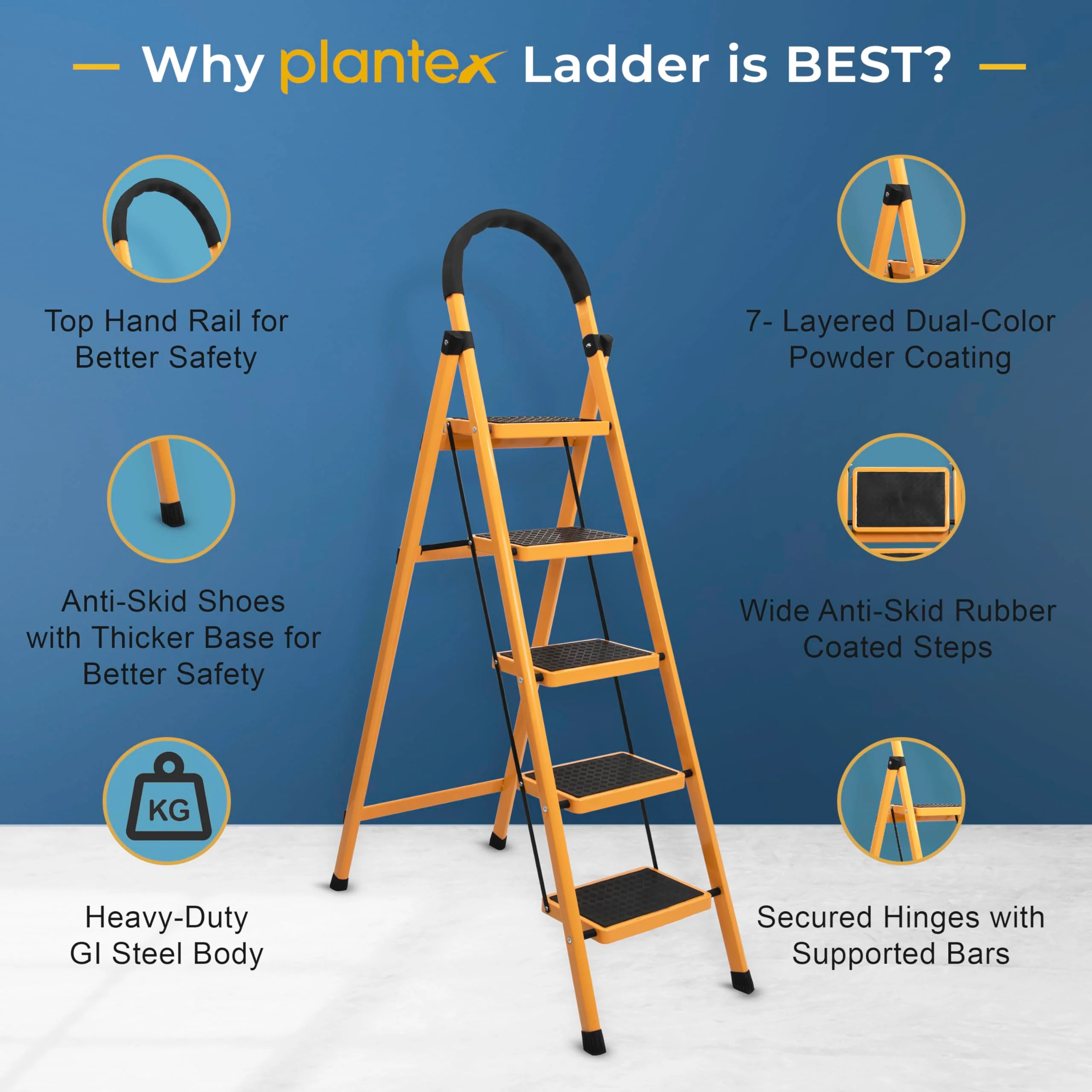 Plantex Premium GI Steel Foldable 5-Step Ladder for Home - Wide Anti Slip 5 Step Ladder (Yellow & Black) - Image 3