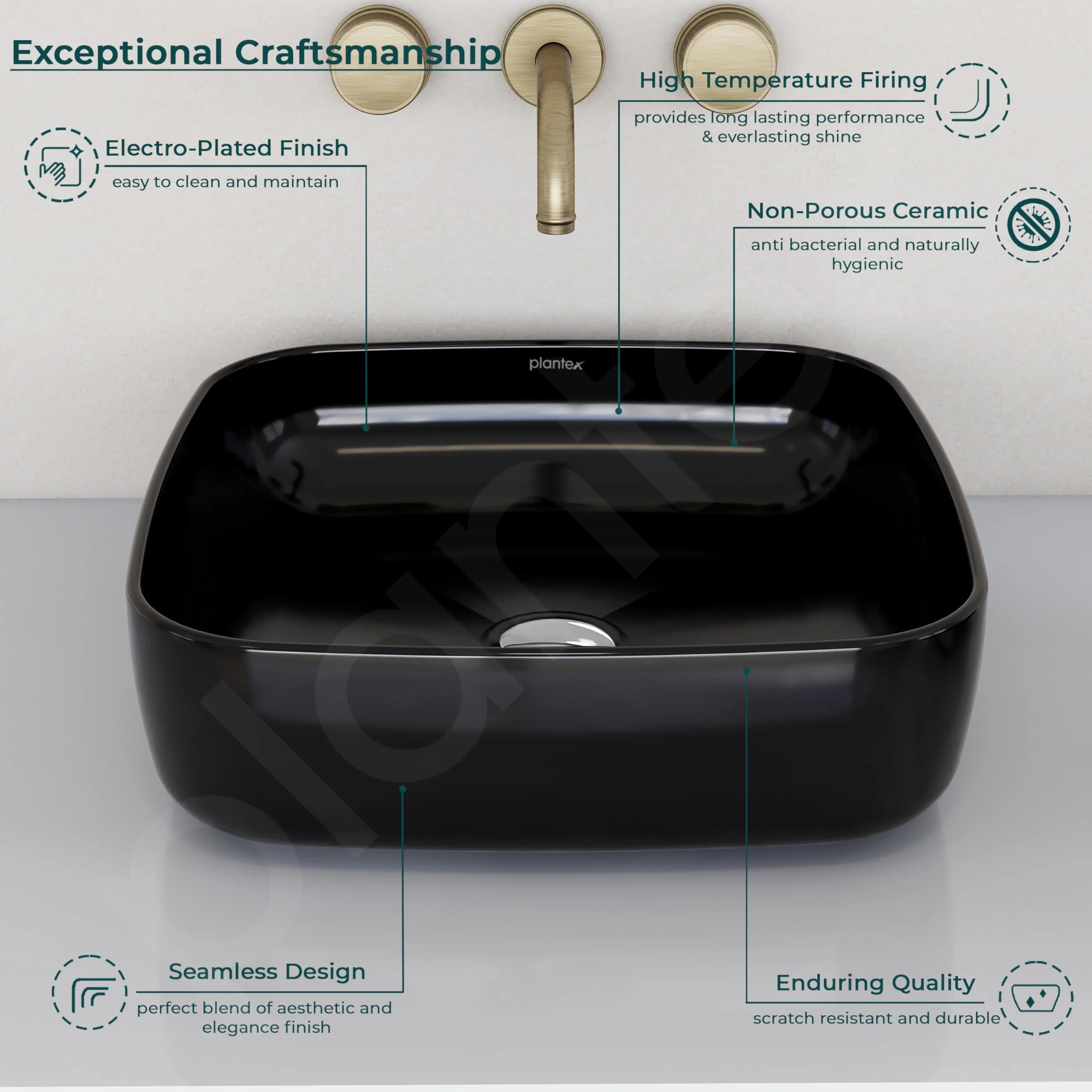 Plantex Premium Ceramic Tabletop Washbasin/Black Countertop Wash Basin/Tabletop Basin for Bathroom/Small Wash Basin (16 x 16 x 5 Inch) - Image 3