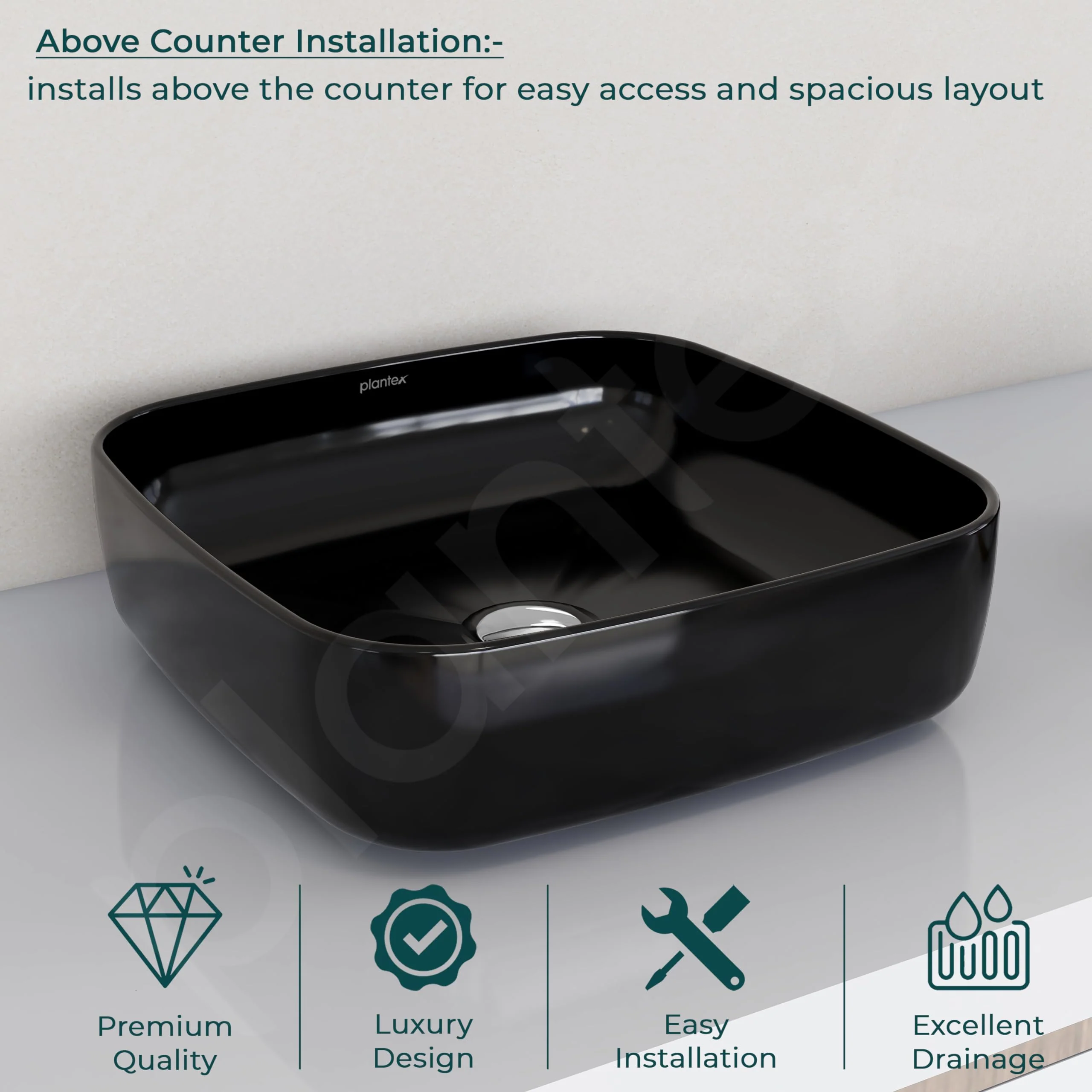 Plantex Premium Ceramic Tabletop Washbasin/Black Countertop Wash Basin/Tabletop Basin for Bathroom/Small Wash Basin (16 x 16 x 5 Inch) - Image 4