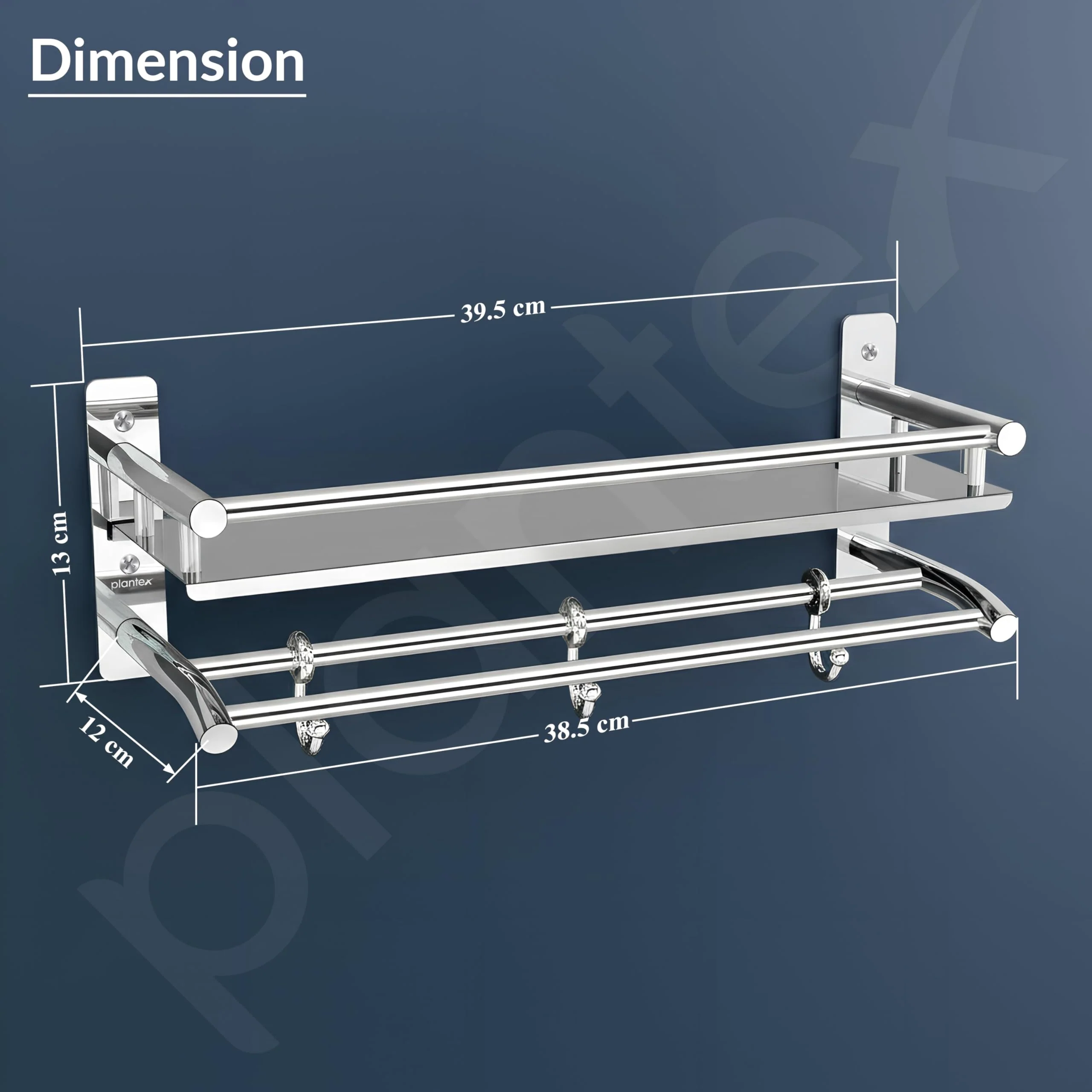 Plantex Premium Stainless Steel Bathroom Shelf/Multipurpose Rack with Towel Hooks & Hanger/Rod/Bathroom Organiser with Drill/Bathroom Stand-(2-Tier,Chrome) - Image 4