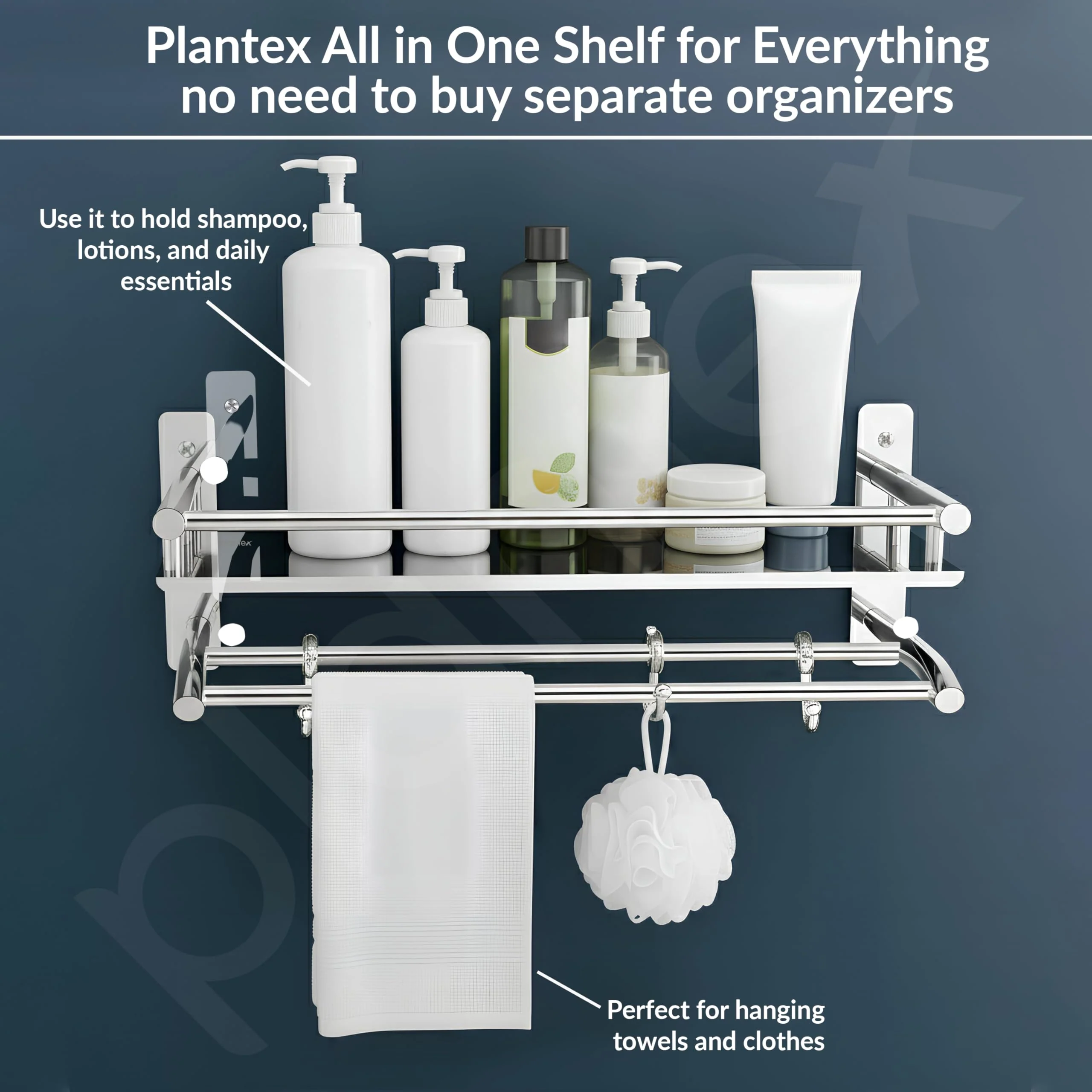 Plantex Premium Stainless Steel Bathroom Shelf/Multipurpose Rack with Towel Hooks & Hanger/Rod/Bathroom Organiser with Drill/Bathroom Stand-(2-Tier,Chrome) - Image 7