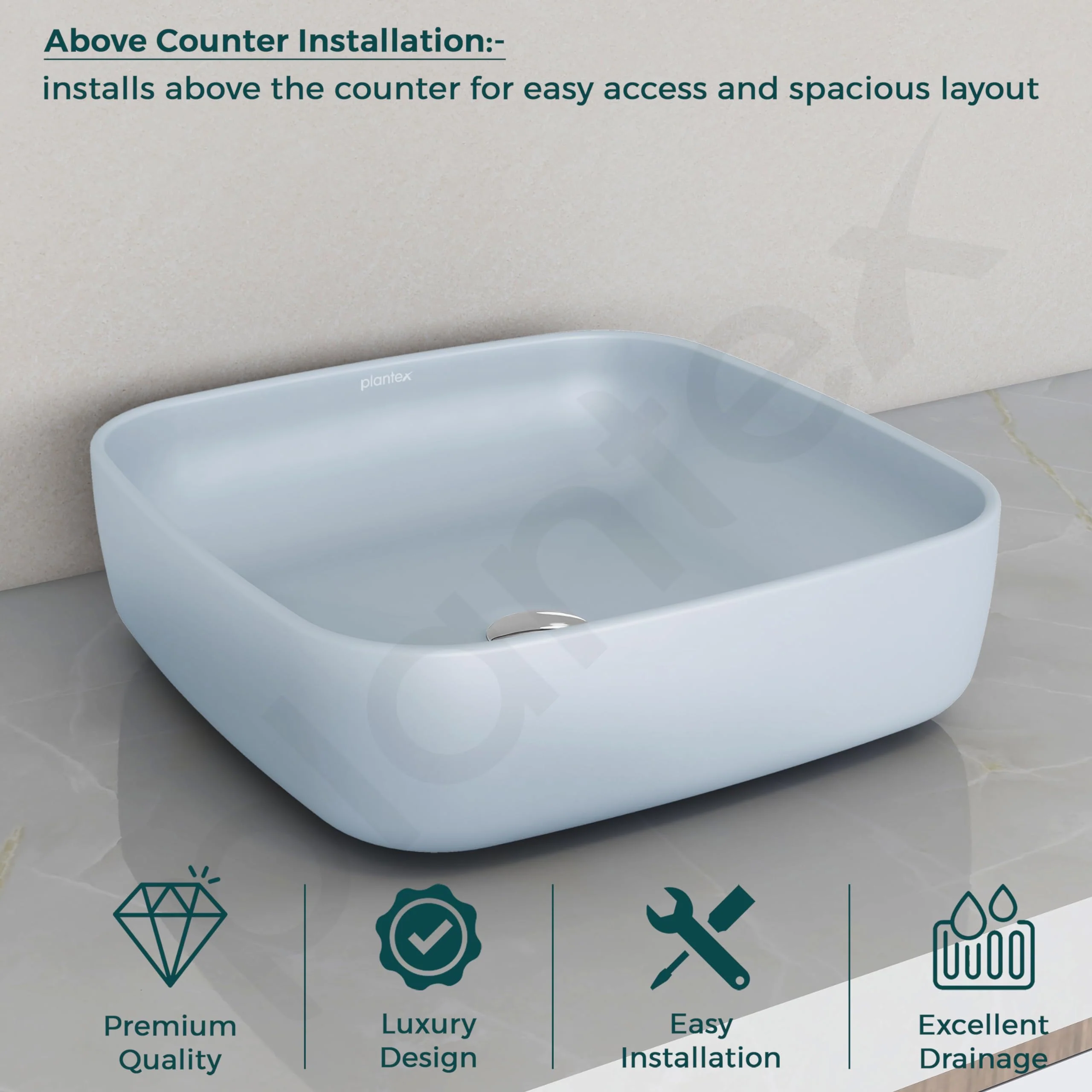 Plantex Premium Tabletop Ceramic Square Wash Basin/Countertop Bathroom Sink (Ocean, 16 x 16 x 5 Inch) - Image 3