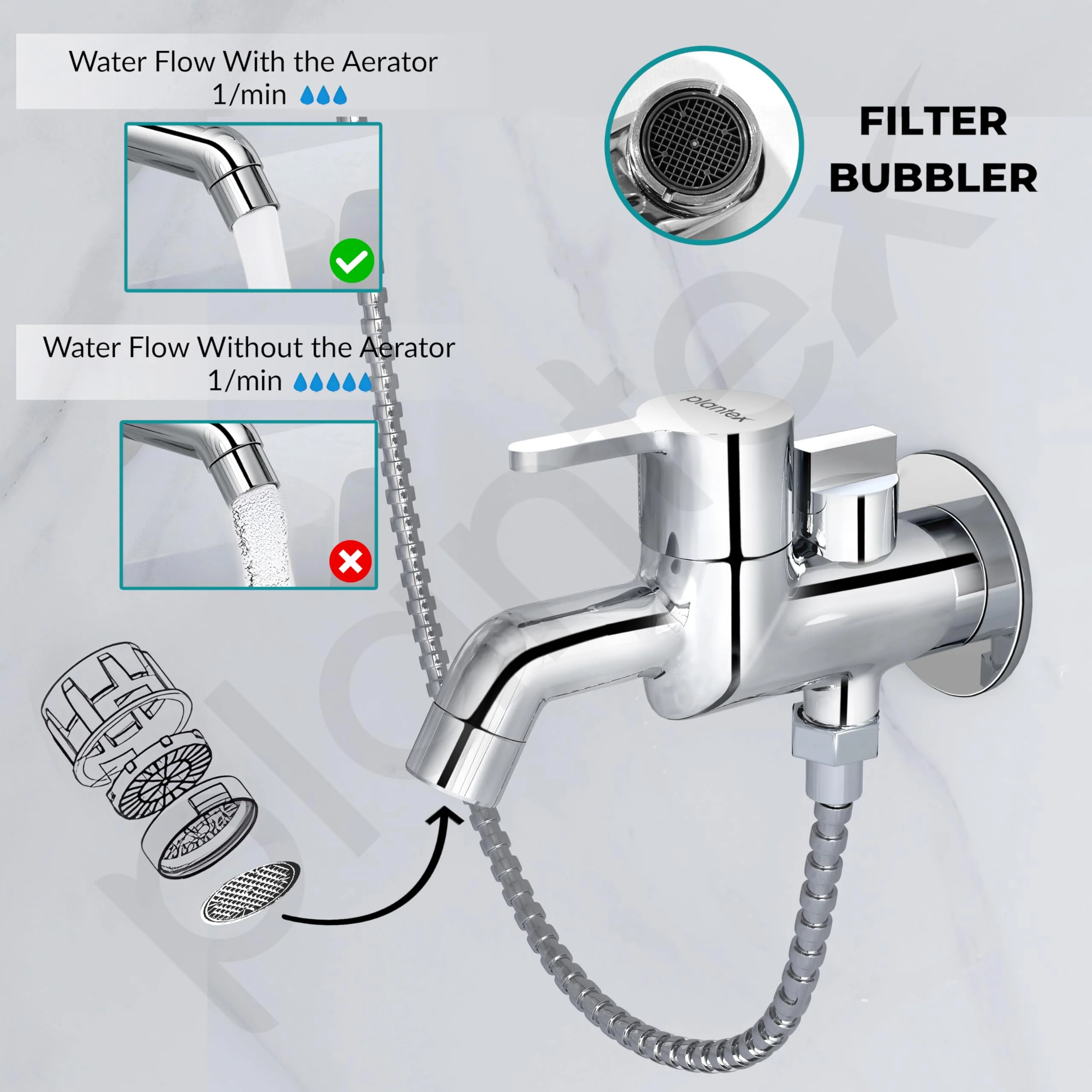 Plantex Pure Brass 2 in 1 Tap for Washing Machine with Water Saving Aerator/2-Way Bib Cock for Bathroom with Brass Wall Flange & Teflon Tape (ORE-1405, Chrome) - Image 5