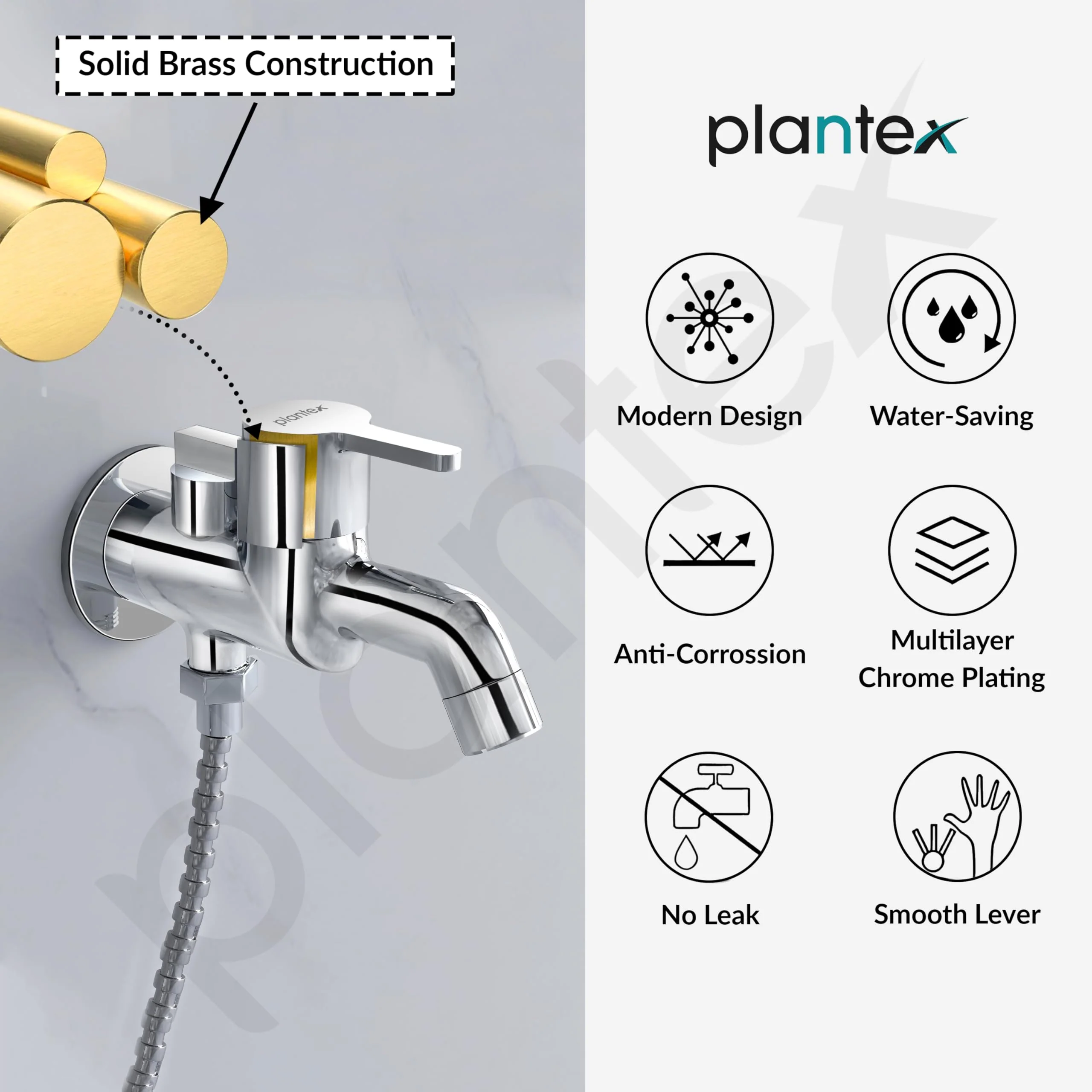 Plantex Pure Brass 2 in 1 Tap for Washing Machine with Water Saving Aerator/2-Way Bib Cock for Bathroom with Brass Wall Flange & Teflon Tape (ORE-1405, Chrome) - Image 6