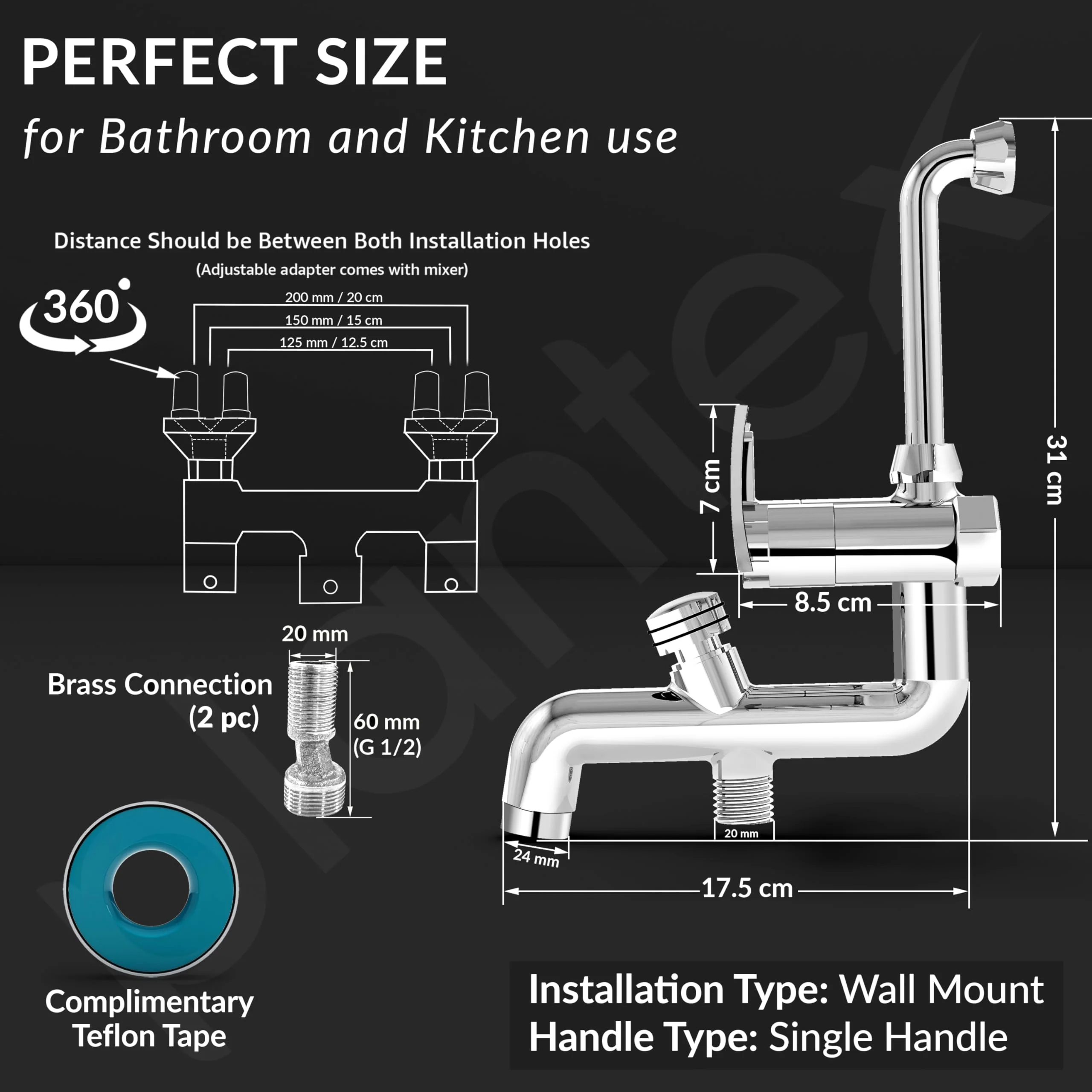 Plantex Pure Brass 3 in 1 Wall Mixer for Bathroom with L-Bend Provision for Overhead and Hand Shower/Mixer Tap for Bathroom with Water Saving Nozzle and Brass Wall Flange (COL-1019-Chrome) - Image 4