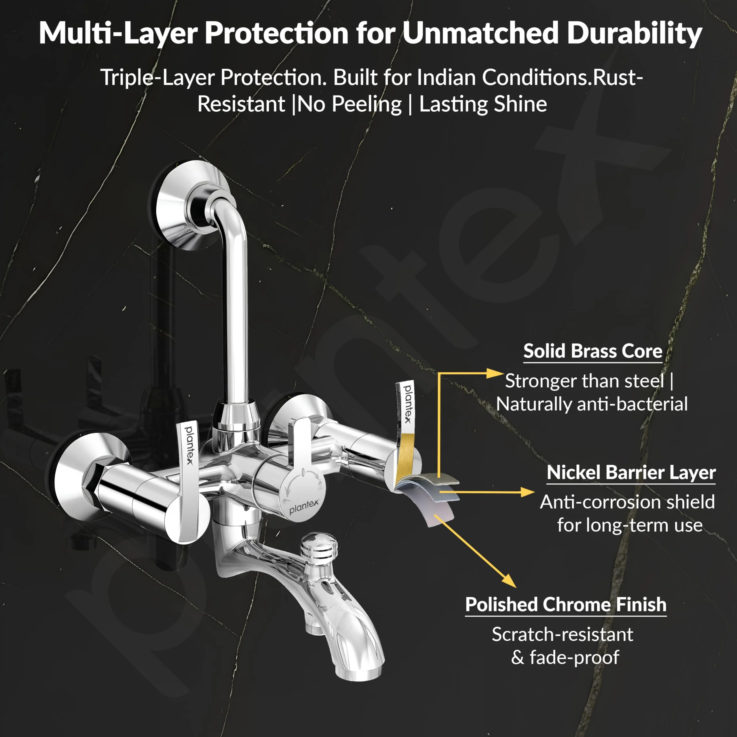 Plantex Pure Brass 3 In 1 Wall Mixer for Bathroom with L-Bend Provision for Overhead and Hand Shower/Water Saving Nozzle for Mixer Tap with Brass Wall Flange (Aq-1419-Chrome) - Image 5