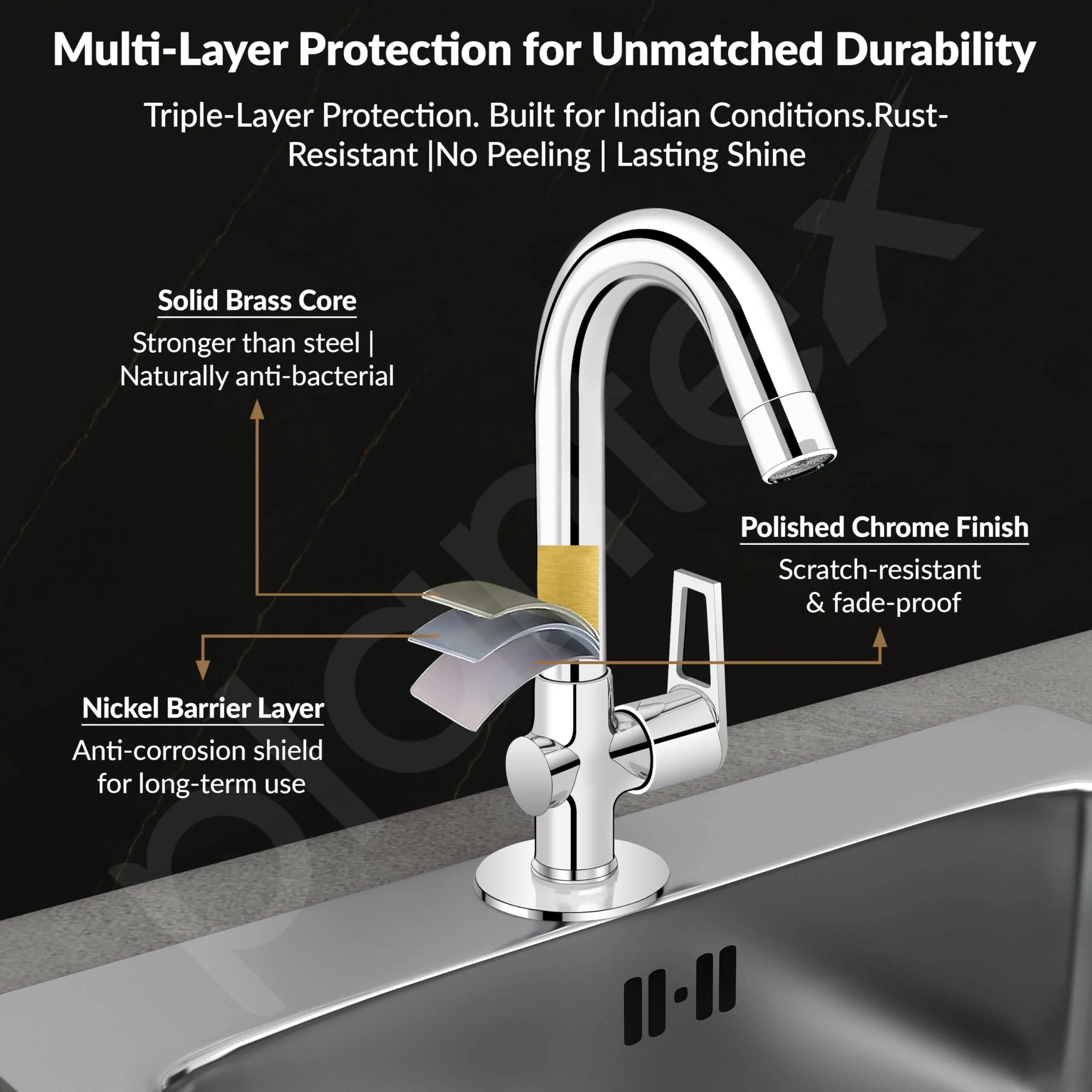 Plantex Pure Brass High Neck Pillar Cock Water Tap with Teflon Tape/360 Degree Swivel Spout/Single Lever Tabletop Basin Sink Cock (3203, Chrome) - Image 6