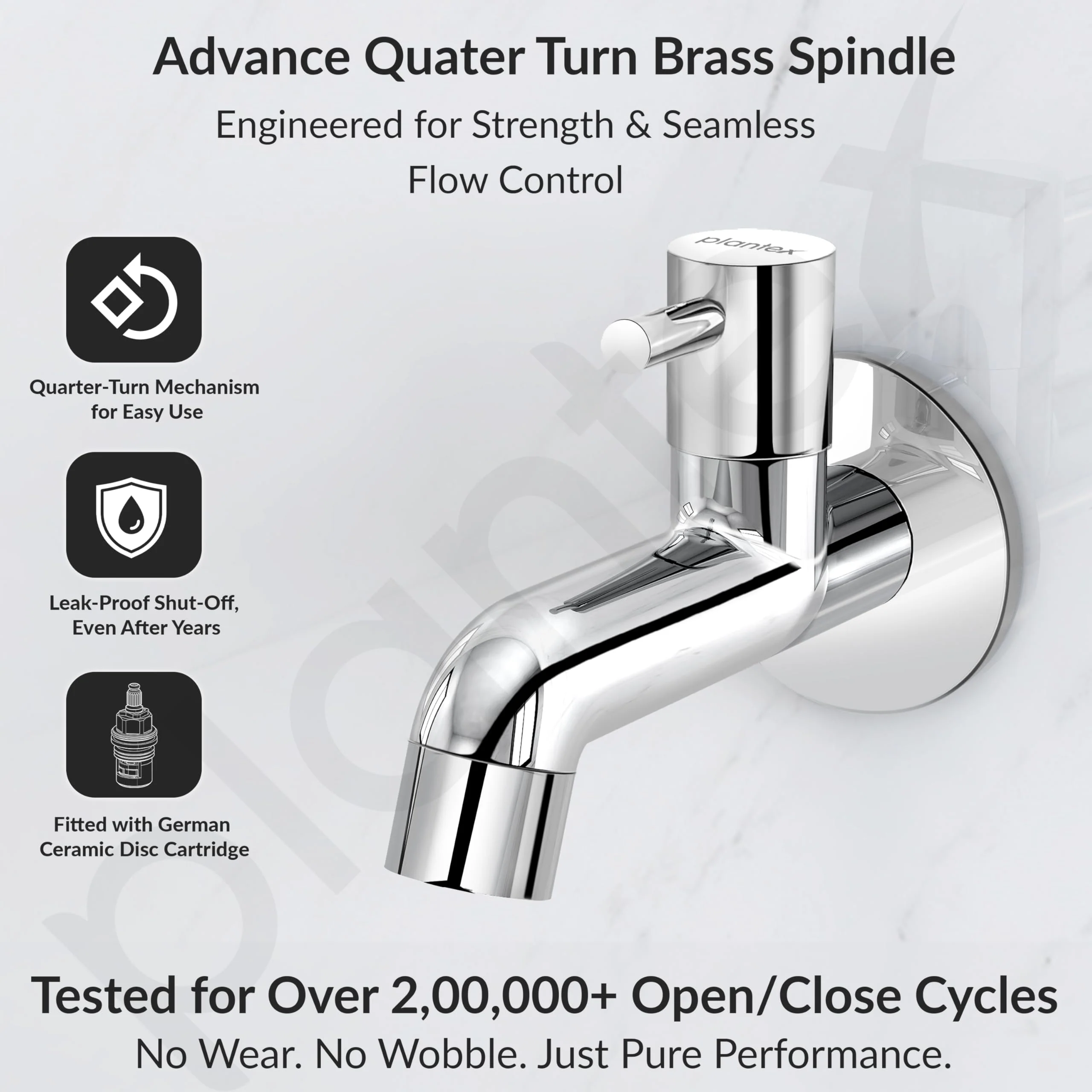 Plantex Pure Brass ICO-902 Bib Cock Water Tap with Water Saving Aerator/Water Tap for Bathroom with Brass Wall Flange and Teflon Tape- 7 Year Warranty (Long Body-Chrome) - Image 3
