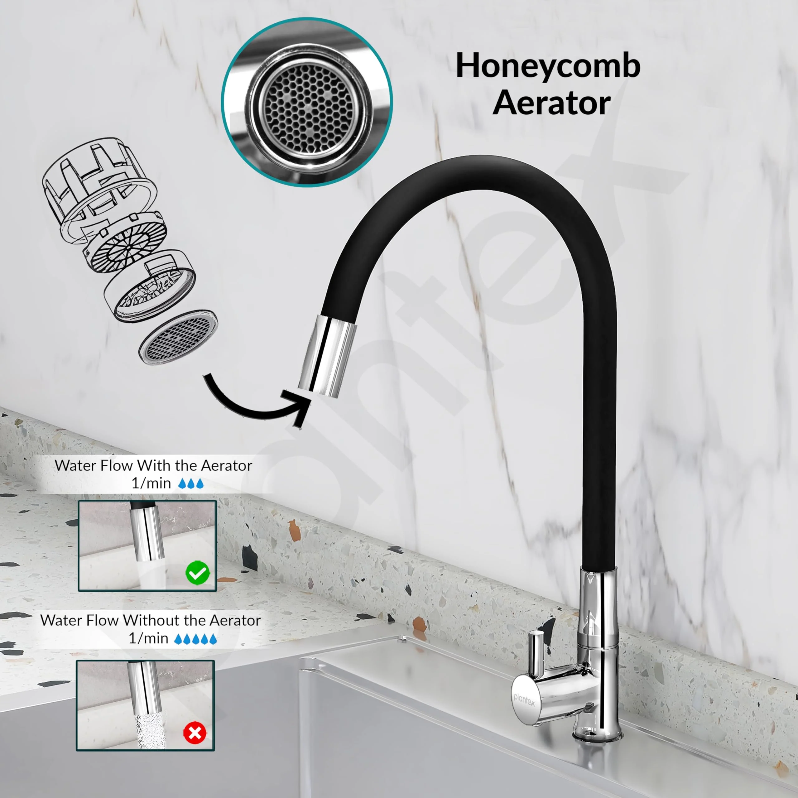 Plantex Pure Brass Kitchen Sink Tap Flexible with Teflon Tape and Wall Flange/PillarTap/Kitchen Sink Tap with Water Saving Aerator and 360° Swivel Spout -(ICO-912B) - Image 6