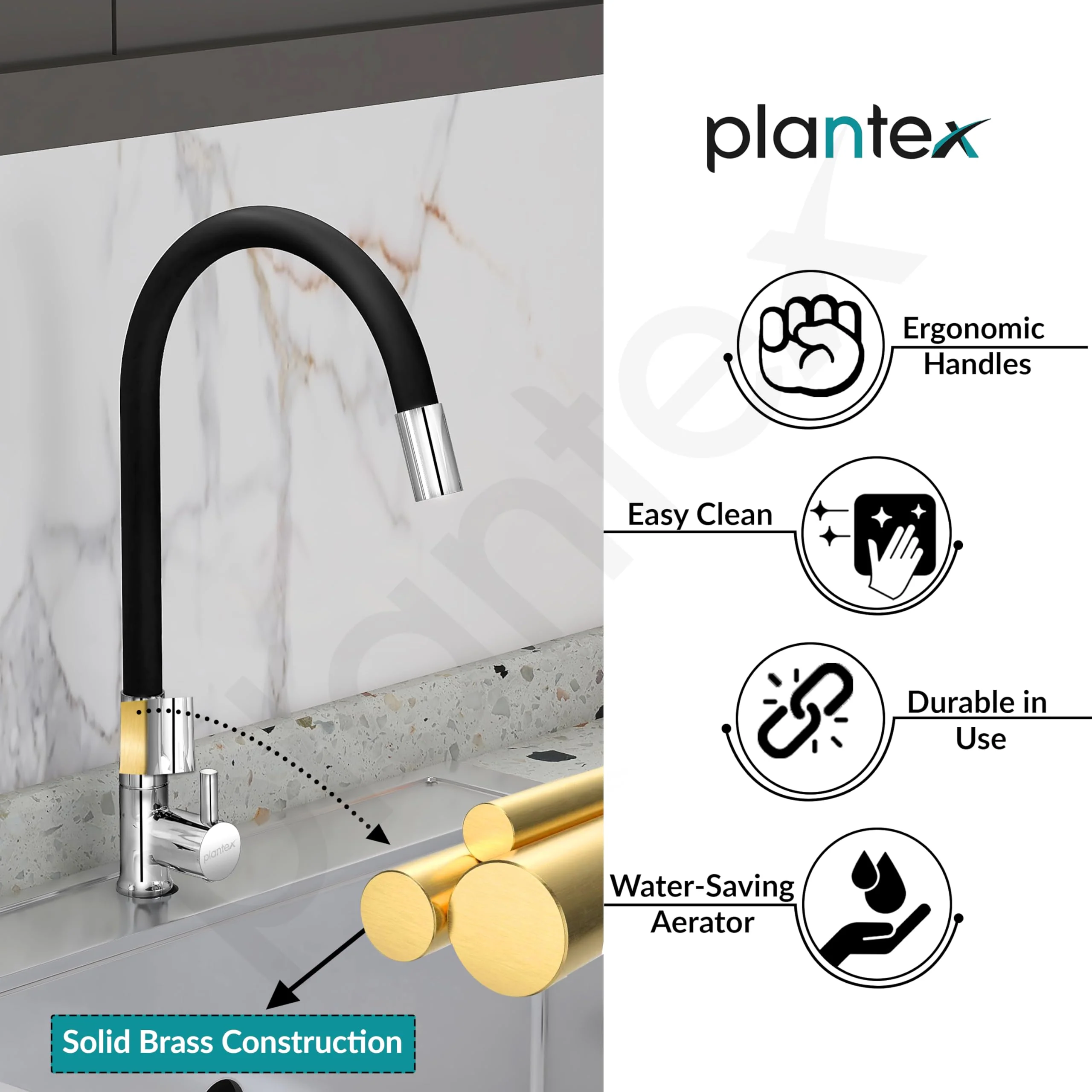 Plantex Pure Brass Kitchen Sink Tap Flexible with Teflon Tape and Wall Flange/PillarTap/Kitchen Sink Tap with Water Saving Aerator and 360° Swivel Spout -(ICO-912B) - Image 7