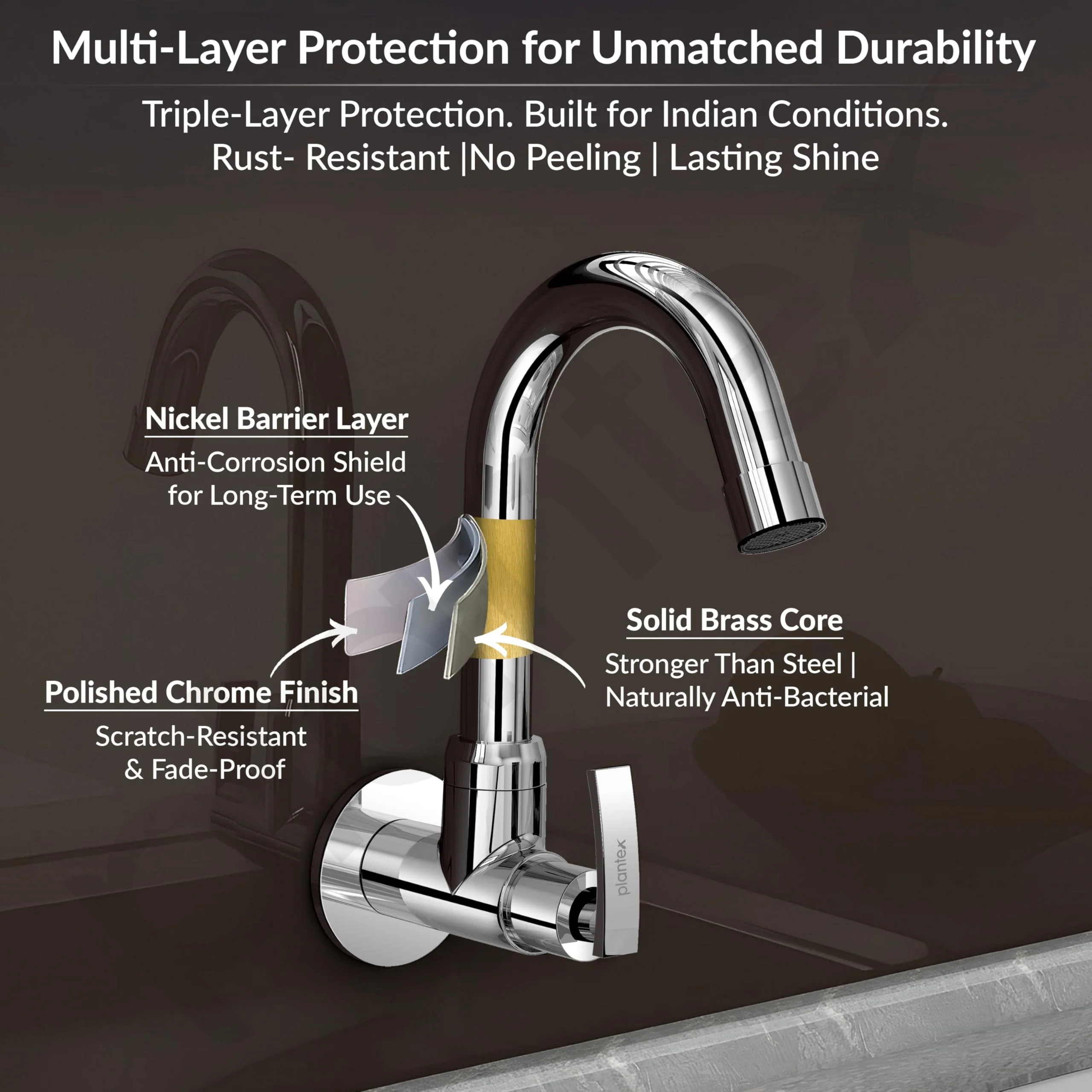 Plantex Pure Brass Kitchen Sink Tap with 360° Extended Swivel Spout with Water Saving Aerator/Sink Tap for Kitchen Basin with Brass Wall Flange-7 Year Warranty by Plantex (COL-1010- Chrome) - Image 5