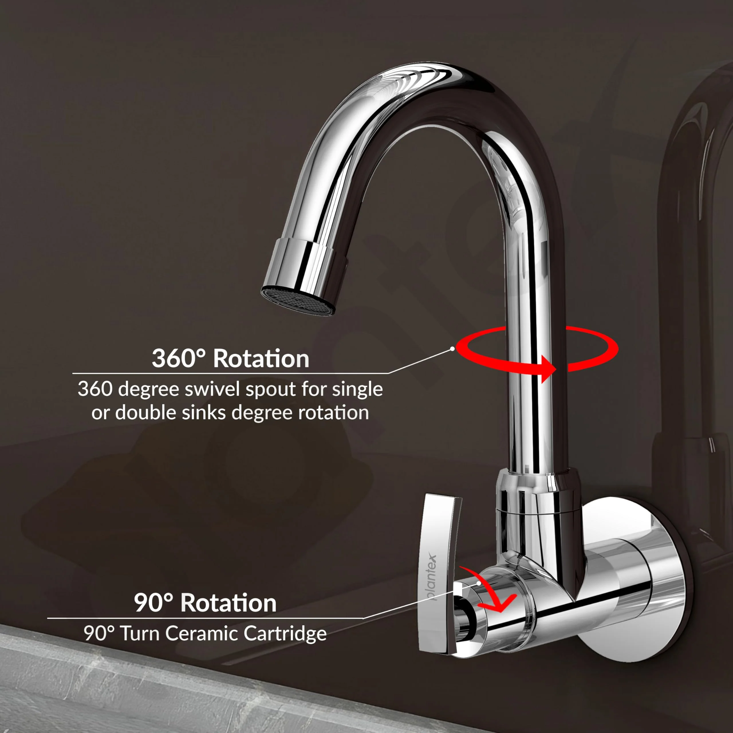 Plantex Pure Brass Kitchen Sink Tap with 360° Extended Swivel Spout with Water Saving Aerator/Sink Tap for Kitchen Basin with Brass Wall Flange-7 Year Warranty by Plantex (COL-1010- Chrome) - Image 6