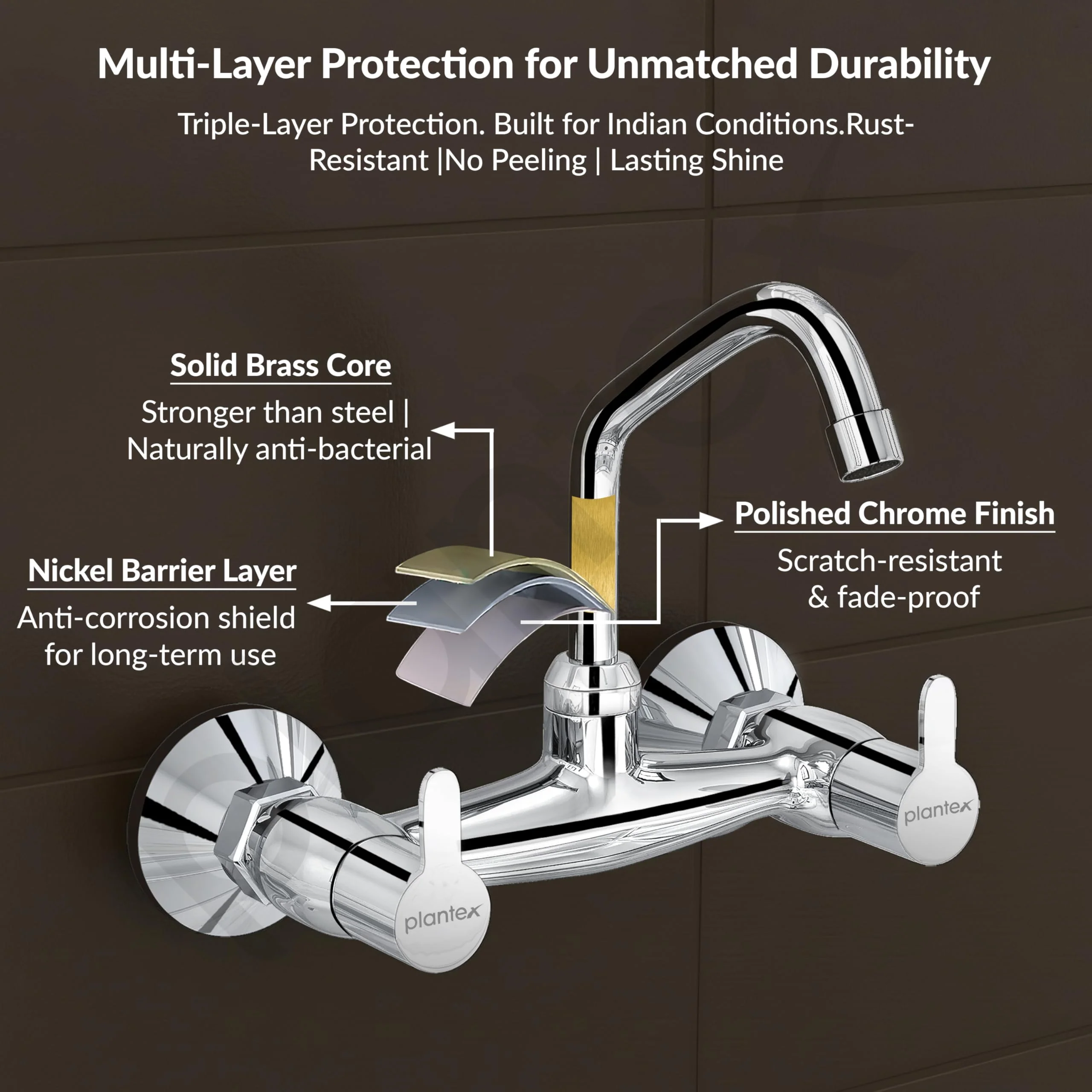 Plantex Pure Brass Kitchen Sink Tap with 360° Swivel Spout/Dual Handle Hot and Cold Water Tap for Kitchen/Sink Mixer with Brass Wall Flange and Teflon Tape (FLO-814-Chrome) - Image 5