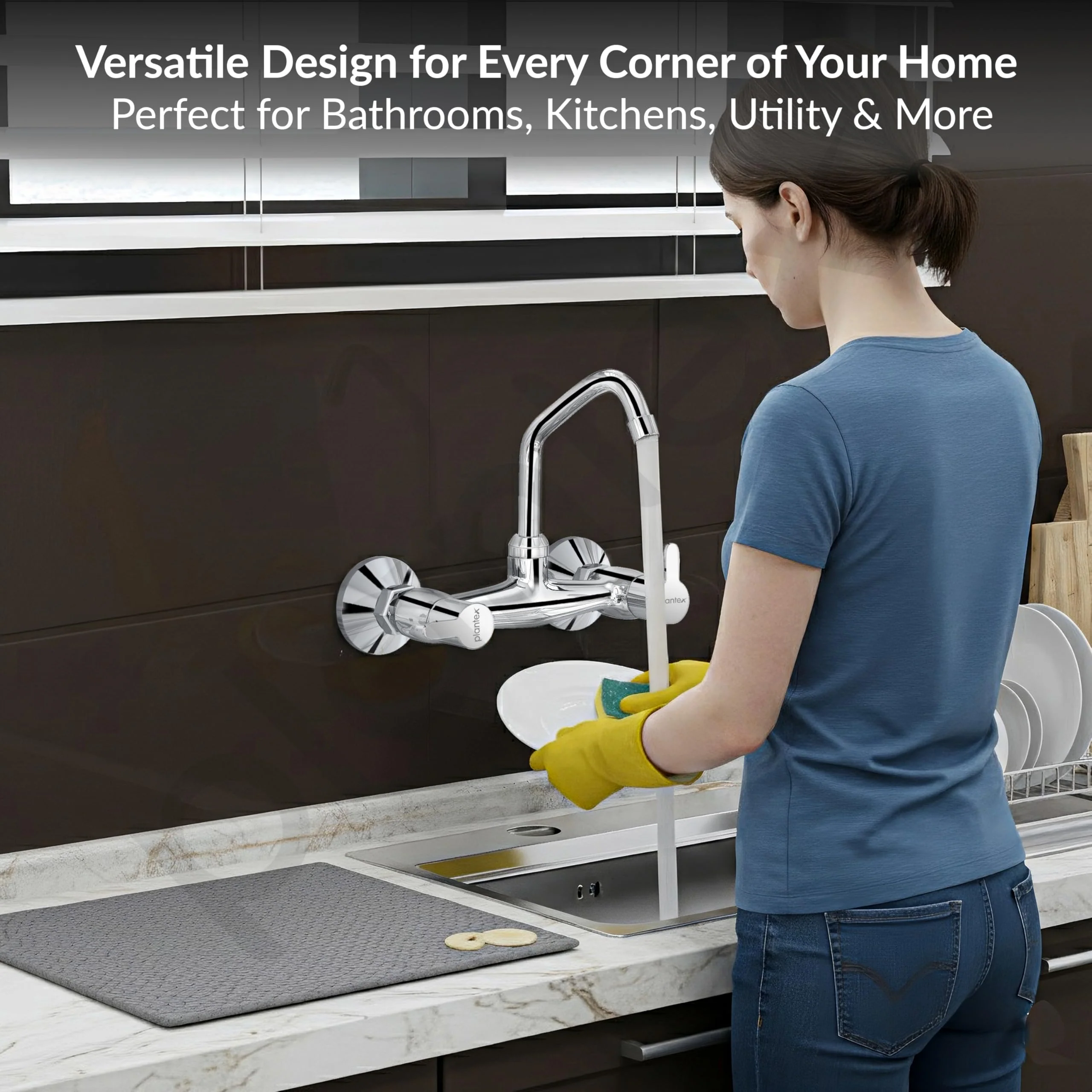 Plantex Pure Brass Kitchen Sink Tap with 360° Swivel Spout/Dual Handle Hot and Cold Water Tap for Kitchen/Sink Mixer with Brass Wall Flange and Teflon Tape (FLO-814-Chrome) - Image 6