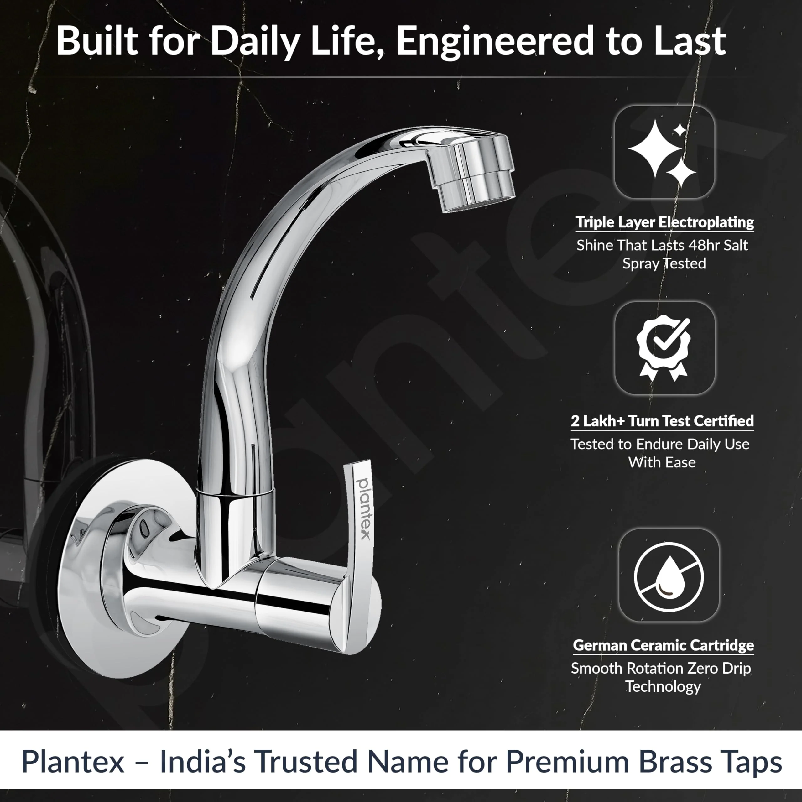 Plantex Pure Brass Kitchen Taps for Home Sink/Tap for Kitchen Basin with 360° Swivel Spout and Water Saving Aerator/Water Tap with Brass Wall Flange-7 Year Warranty (AQ-1410- Chrome) - Image 2