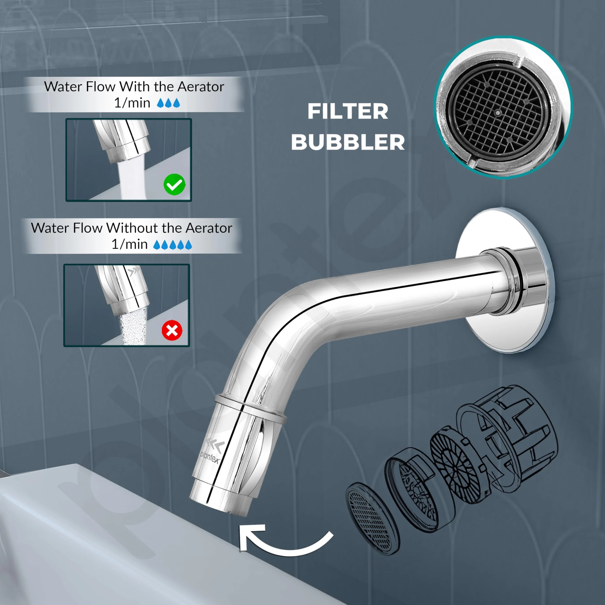 Plantex Pure Brass MAG-1201 Mouth-Flow Swan Neck Bib Cock Water Tap with Teflon Tape & Brass Wall Flange with Bib Tap with Water Saving Nozzle 7-Year Warranty (Mirror Chrome) - Image 5