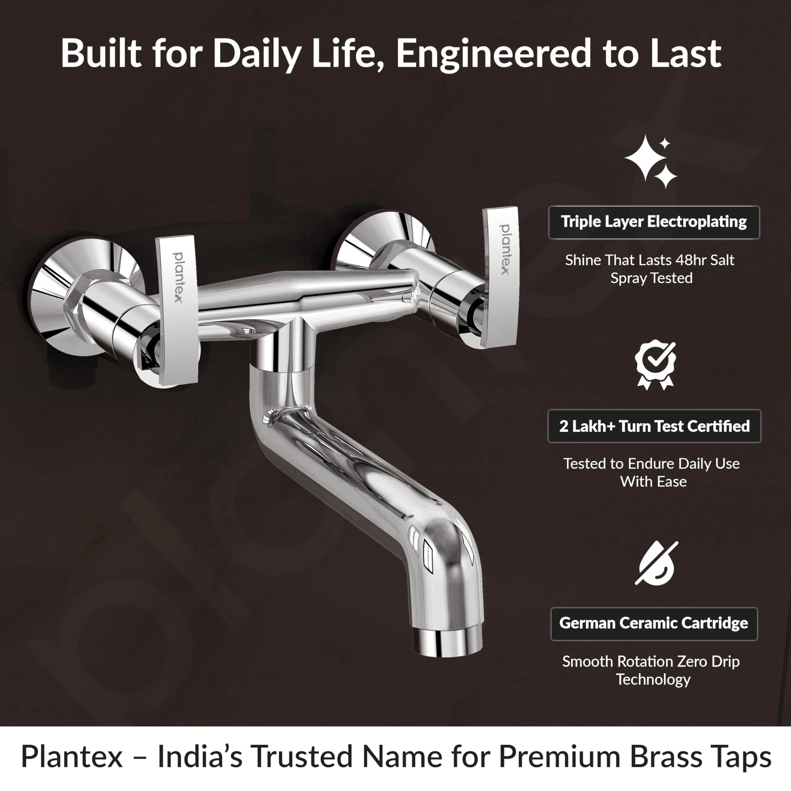 Plantex Pure Brass Non Telephonic Wall Mixer with Water Saving Nozzle/Hot and Cold Water Tap with Brass Wall Flange and Teflon Tape-7 Year Warranty (COL-1016-Chrome) - Image 3