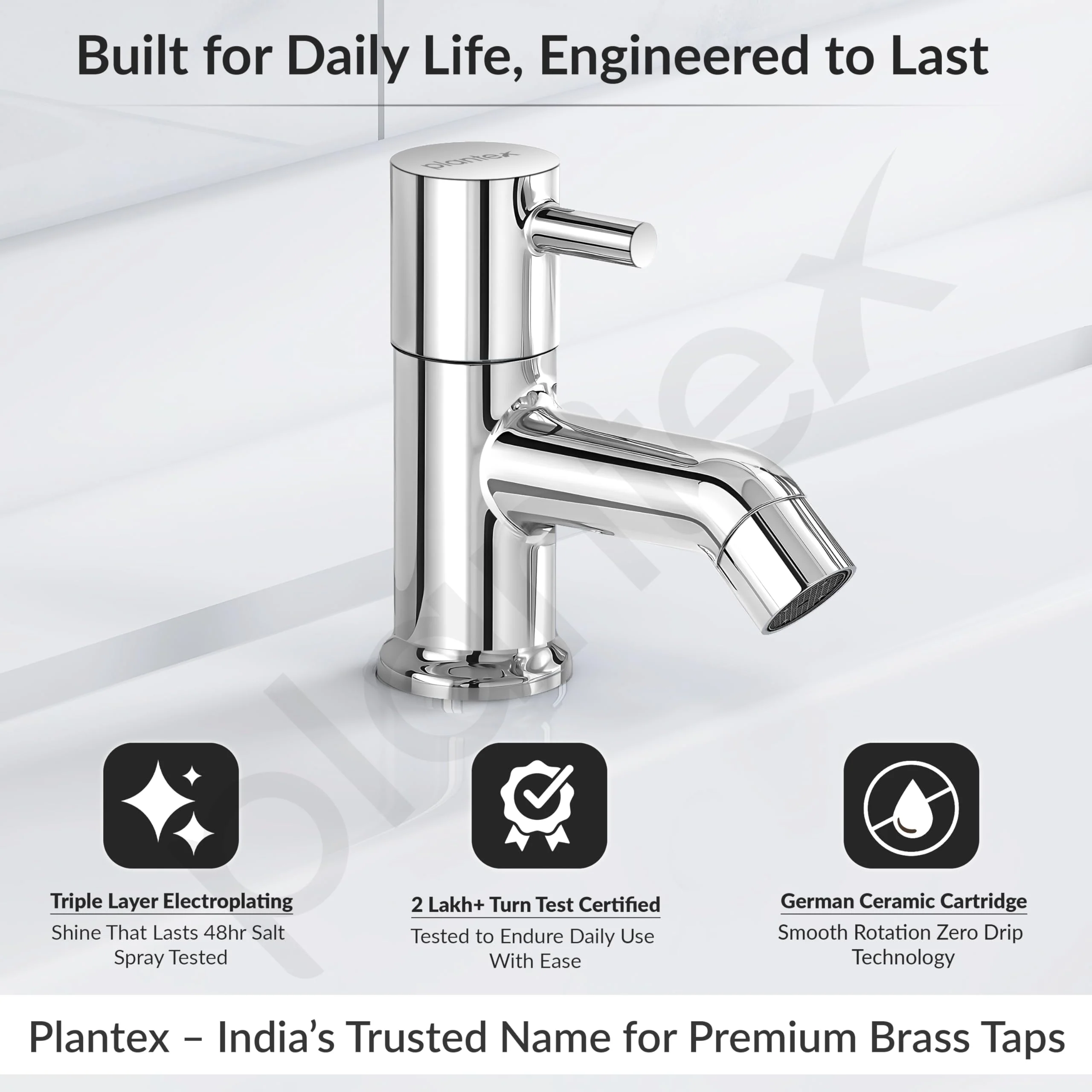 Plantex Pure Brass Pillar Cock Water Tap with Teflon Tape/Basin Tap with Water Saving Nozzle for Kitchen Tap-7 Year Warranty (ICO-903 Chrome) - Image 2