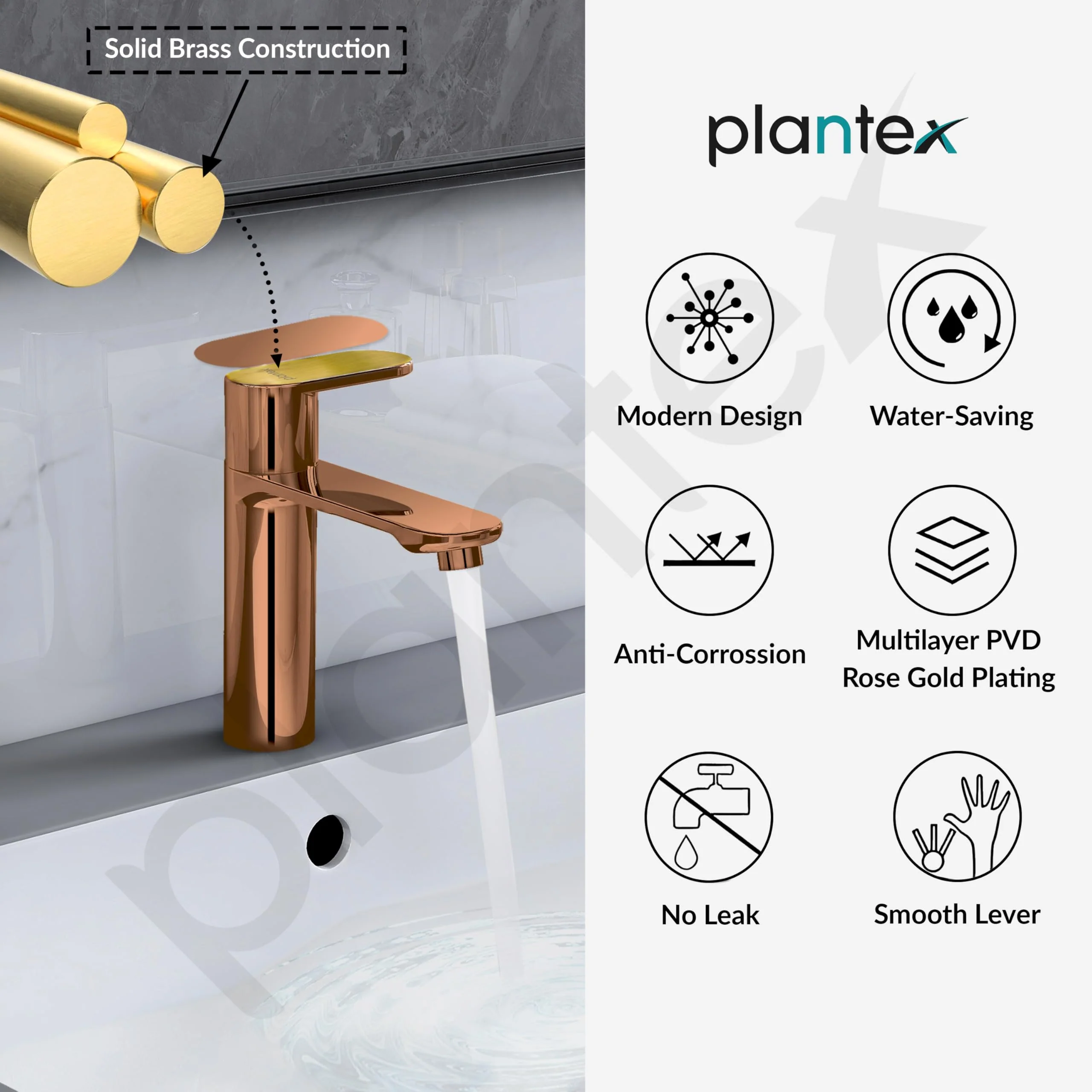 Plantex Pure Brass Single Lever Pillar tap for wash Basin/Table top wash Basin tap with Teflon Tape/Quarter Turn tap for wash Basin/Wash Basin tap-(ORN-203-Rose Gold) - Image 6