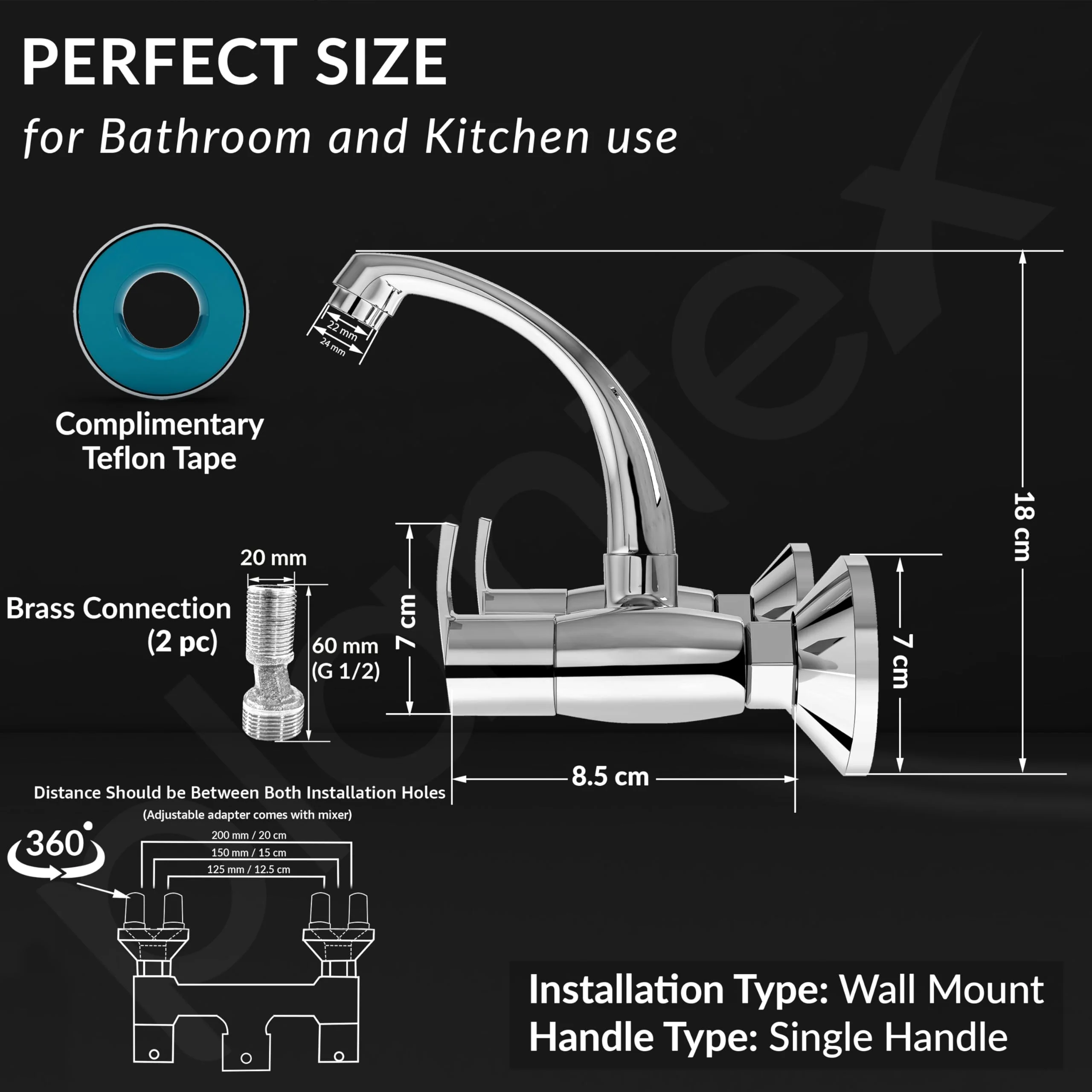Plantex Pure Brass Sink Mixer Tap/Hot and Cold Water Mixer with Swinging Spout/Wall Mount Kitchen Sink Tap with Brass Wall Flange & Teflon Tape - (Chrome - AQ-1414) - Image 4