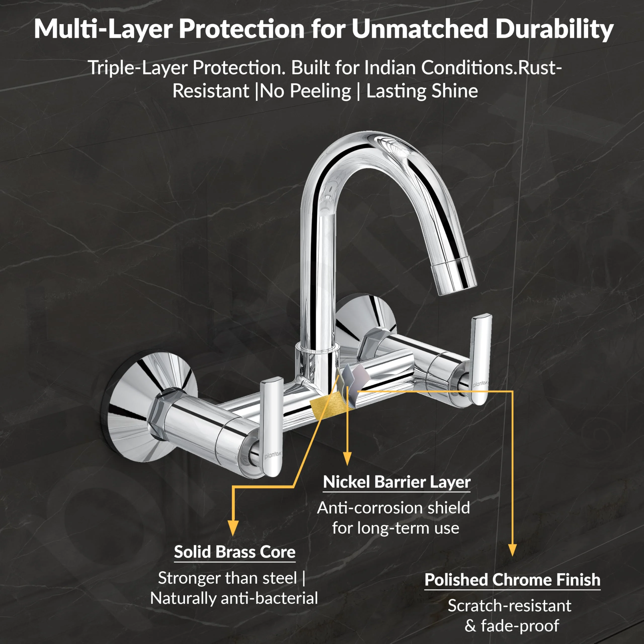 Plantex Pure Brass Sink Mixer Tap Hot and Cold with 360° Swivel Spout/Sink Tap for Kitchen Basin with Brass Wall Flange & Teflon Tape-7 Year Warranty (BAL-514) - Image 5