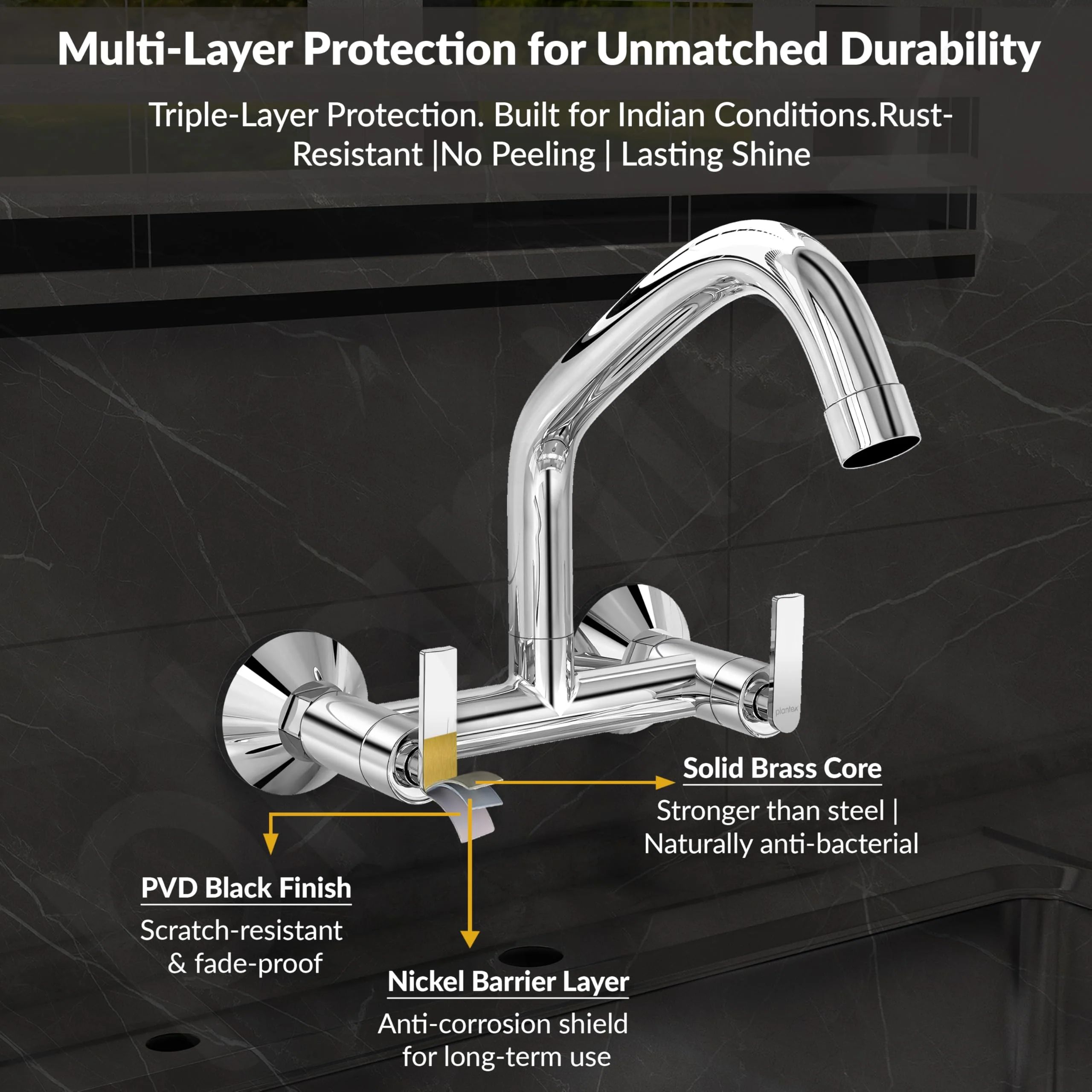 Plantex Pure Brass Sink Mixer Tap with 360° Swivel Spout/Hot and Cold Water Tap for Kitchen with Brass Wall Flange and Teflon Tape-7 Year Warranty (BAL-515) - Image 5