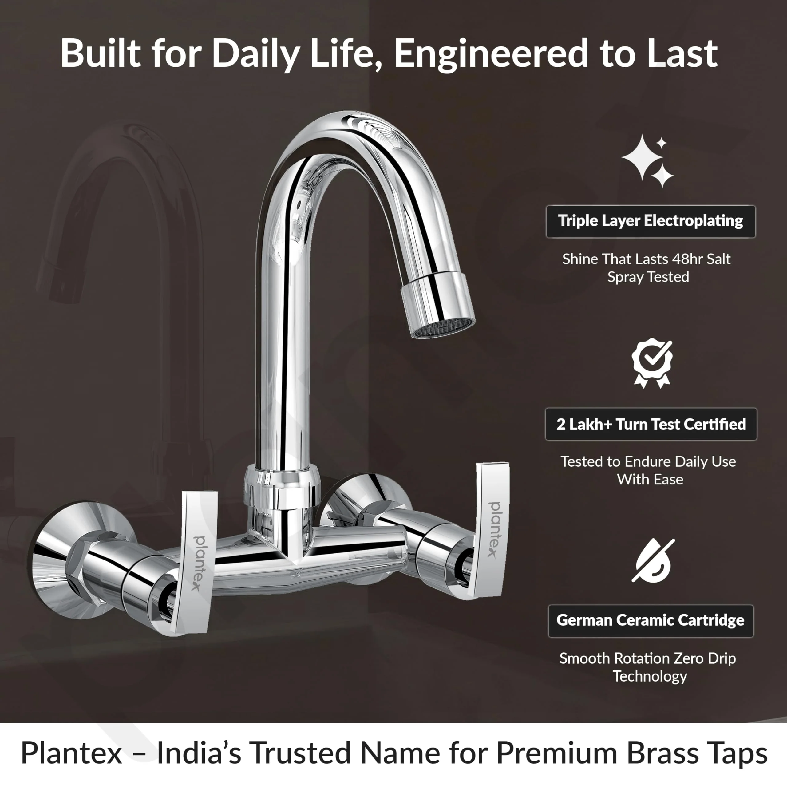Plantex Pure Brass Sink Mixer with Double Handle Hot and Cold Water Tap for Kitchen/Bathroom Basin Faucet with Brass Wall Flange & Teflon-Tape - (COL-1014, Chrome Finish) - Image 2