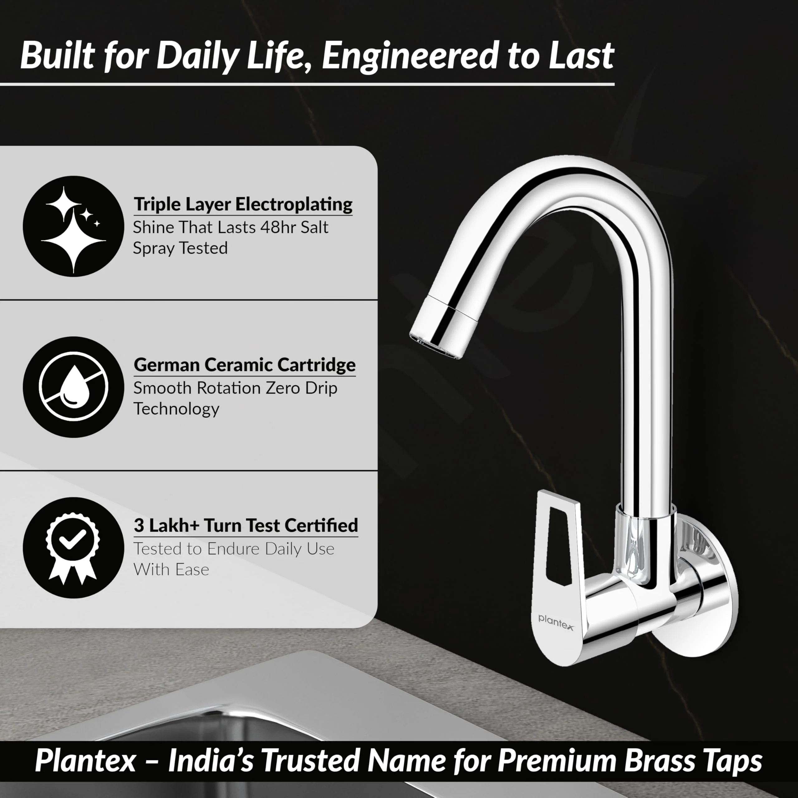 Plantex Pure Brass Sink Tap for Kitchen Basin/Wall Mount Sink Cock for Kitchen with Wall Flange and Teflon Tapes/Water Tap -(3204, Chrome) - Image 3