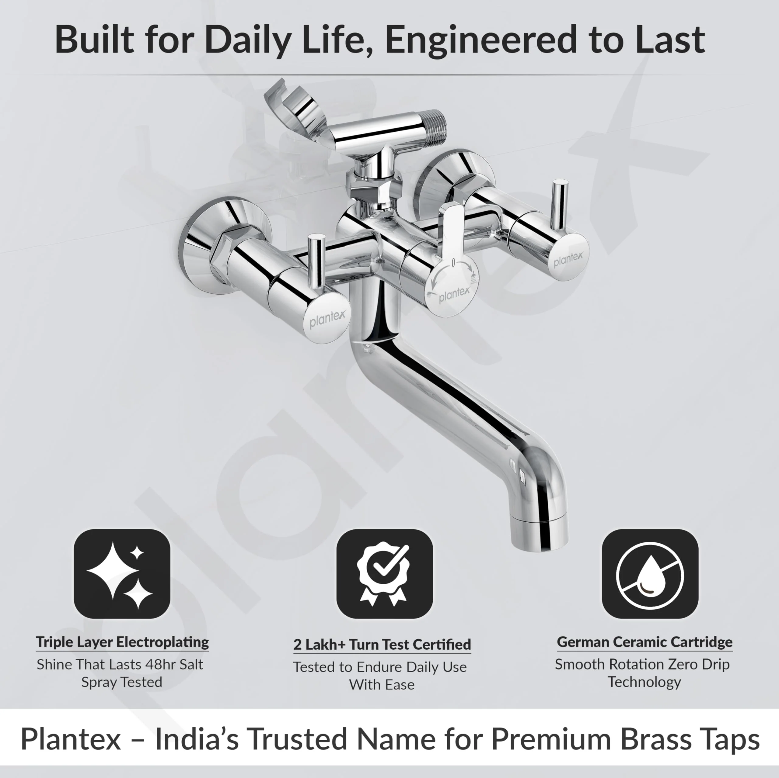 Plantex Telephonic Brass Wall Mixer for Bathroom/Tap Mixer/Wall Mixer for Bathroom 2 in 1 with 7-Year Manufacturer's Warranty-(ICO-917-Chrome) - Image 2