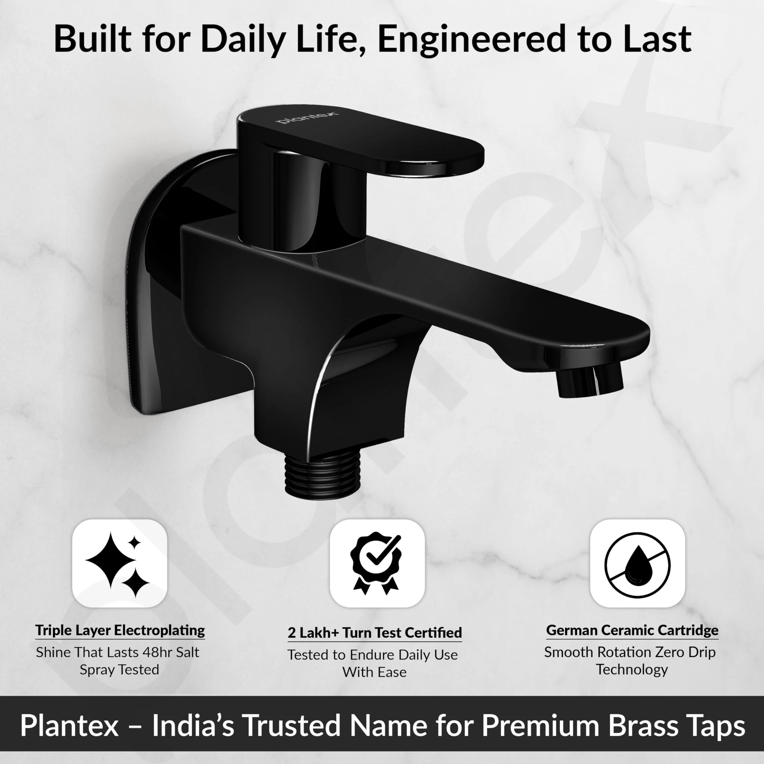Plantex Pure Brass Two Way Bib Cock Taps with Water Saving Nozzle/Compatible for Washing Machine/2 in 1 Bib Tap with Brass Wall Flange and Teflon Tape - 7 Year Warranty by Plantex-(PVD Black) - Image 2